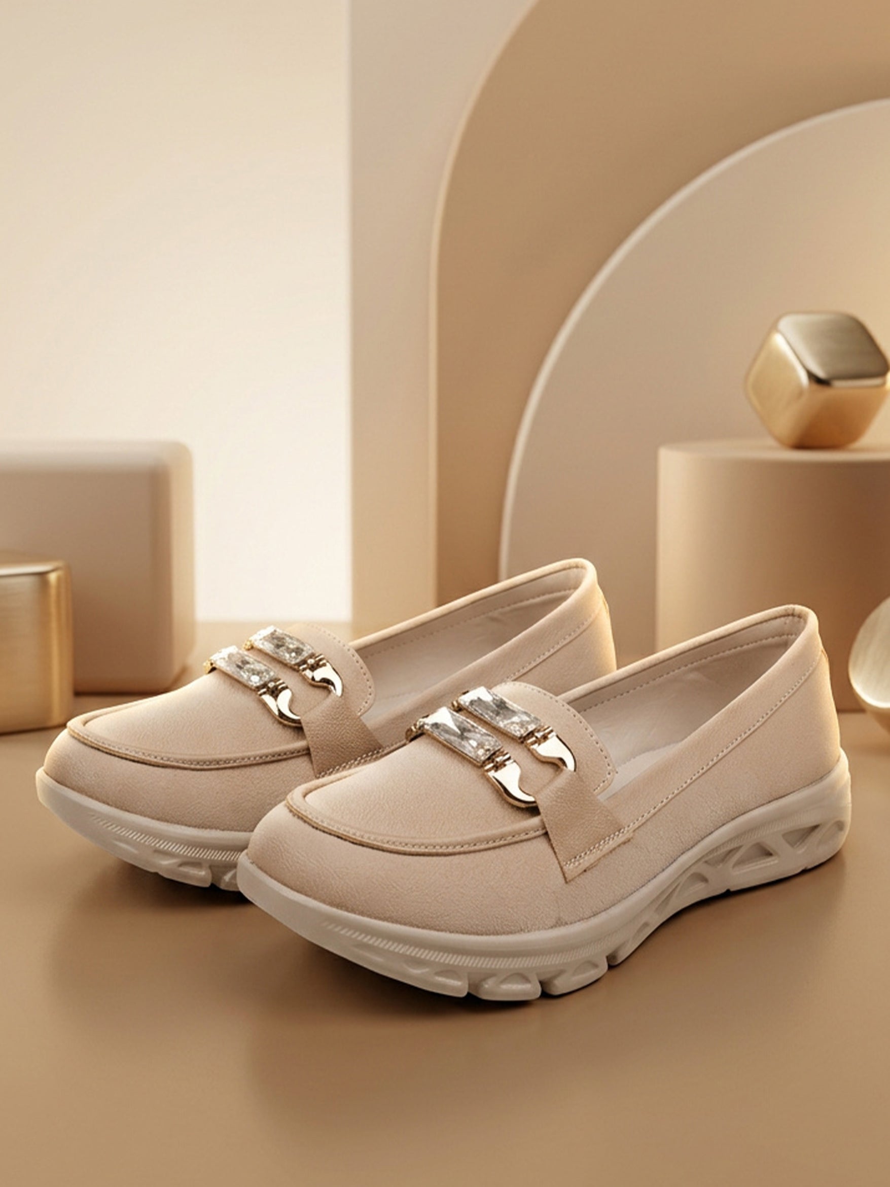 JiveVibe by Ezok Women Beige Synthetic Slip-On Casual Shoes with Metal Detail