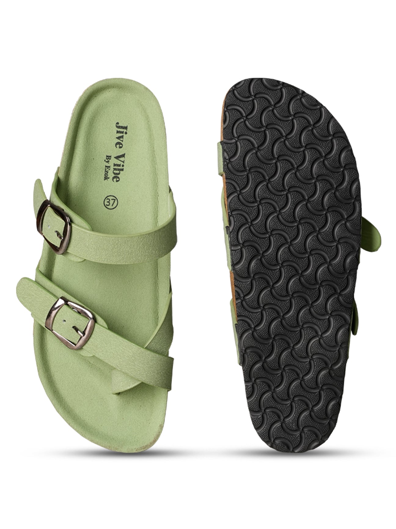 Jive Vibe By Ezok Green Synthetic Slip On With Buckle Sandals