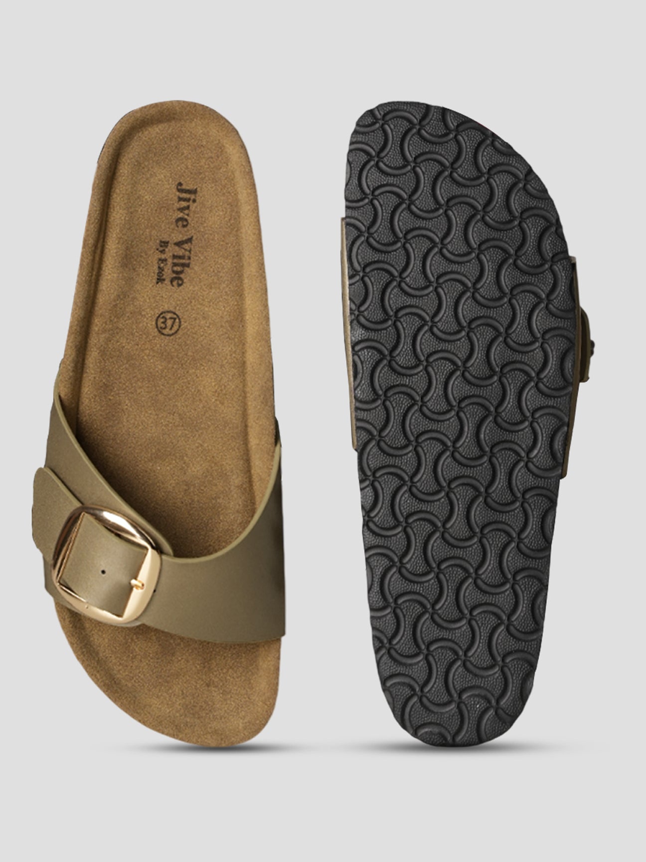 Jive Vibe By Ezok Gold Synthetic Slip On With Buckle Sandals