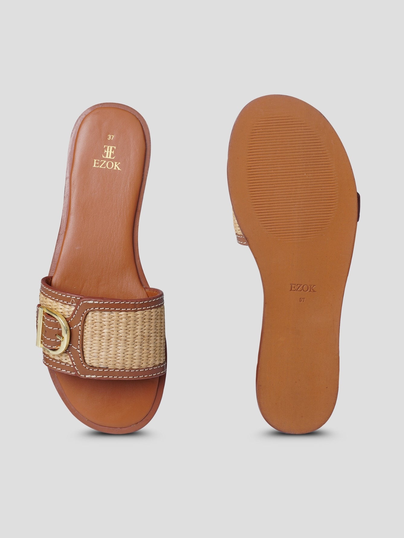 Ezok Tan Leather and Raffia Slip On With Buckle Sandals