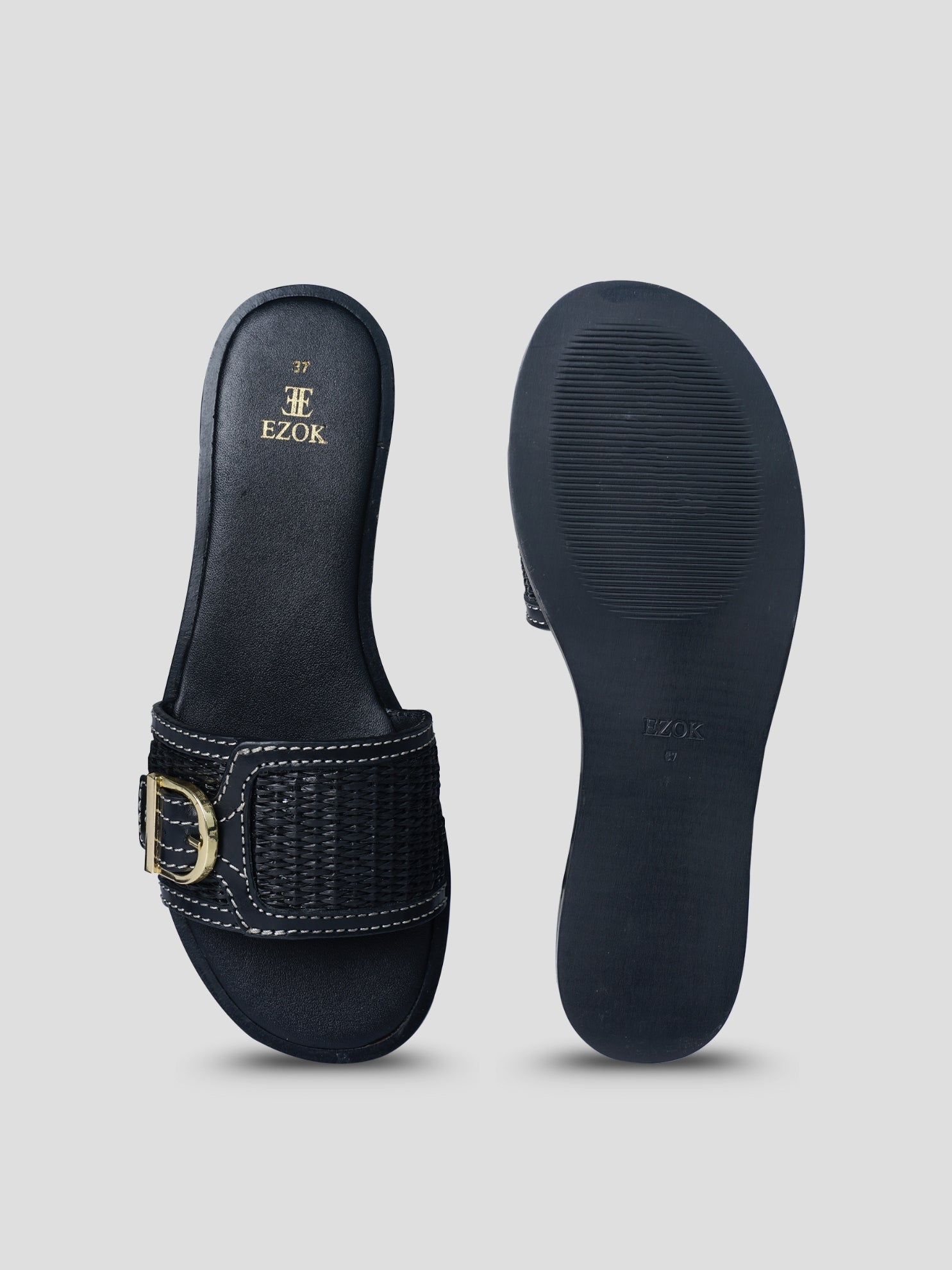 Ezok Black Leather and Raffia Slip On With Buckle Sandals
