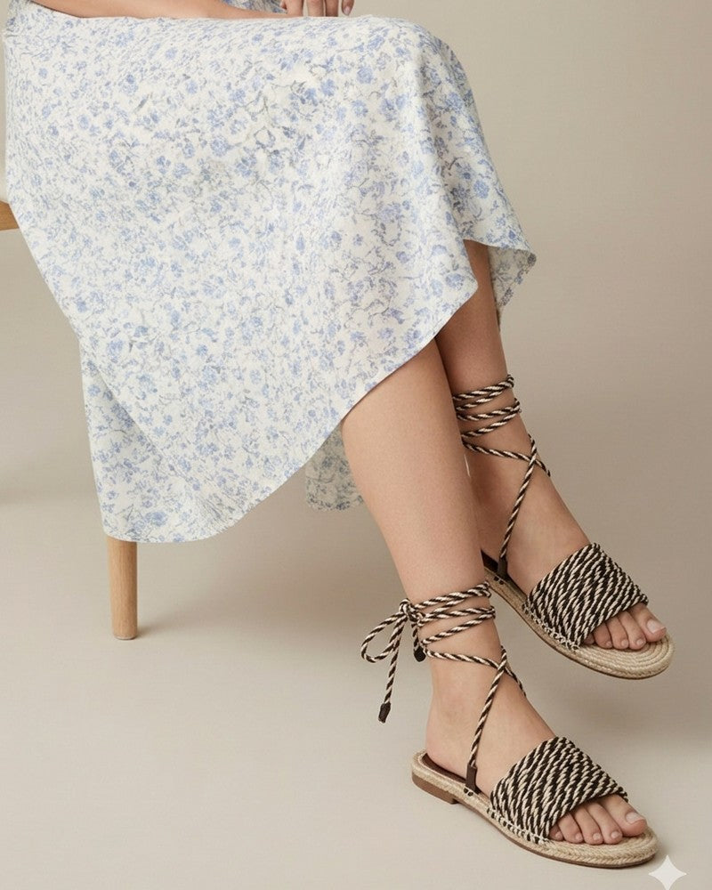 Ezok Women Chocolate Woven Sandals | Stylish Dori Wrap Flats for Casual & Party Wear