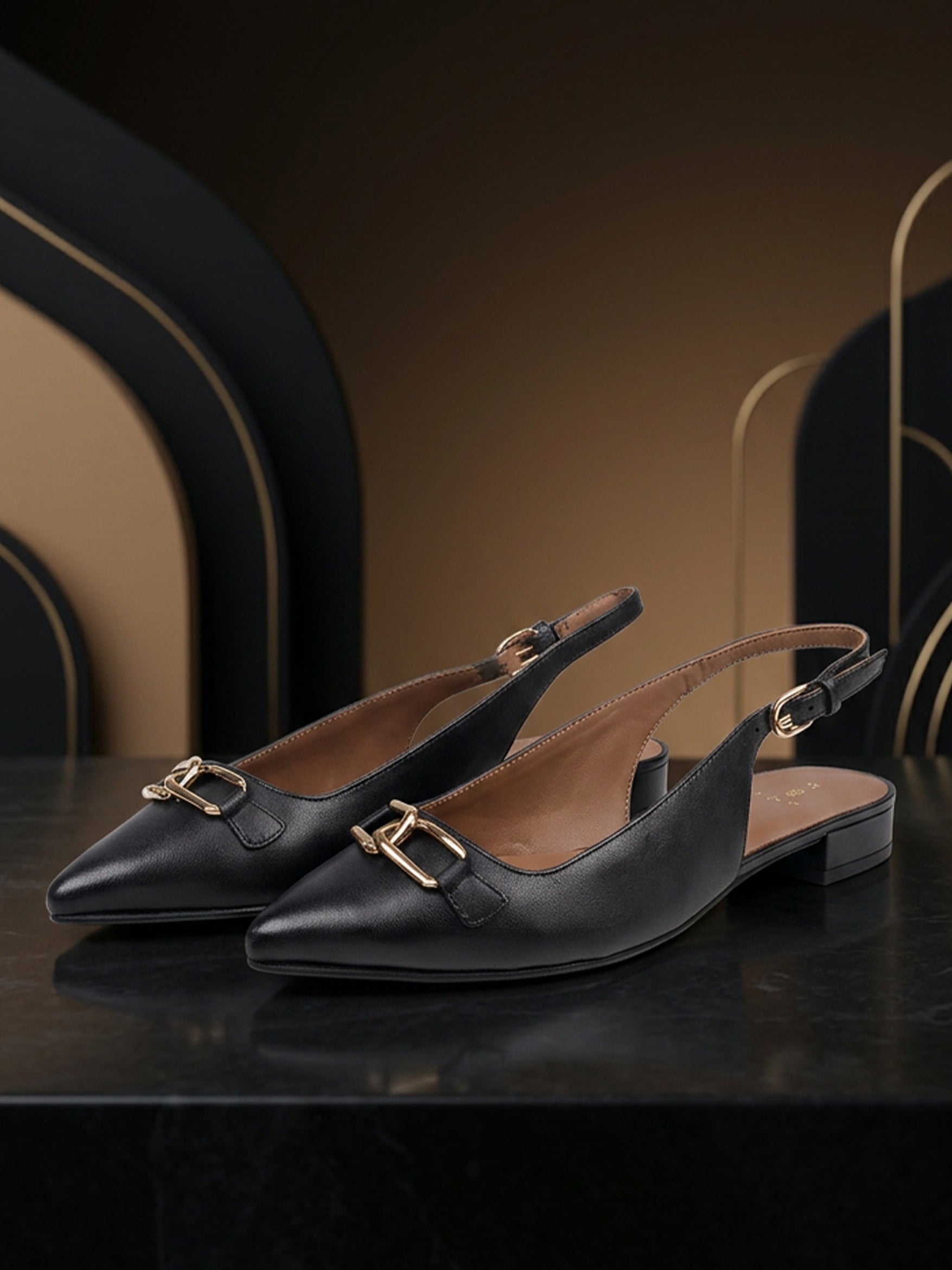 Ezok Women Black Leather Slingback Flats with Metal Embellishment