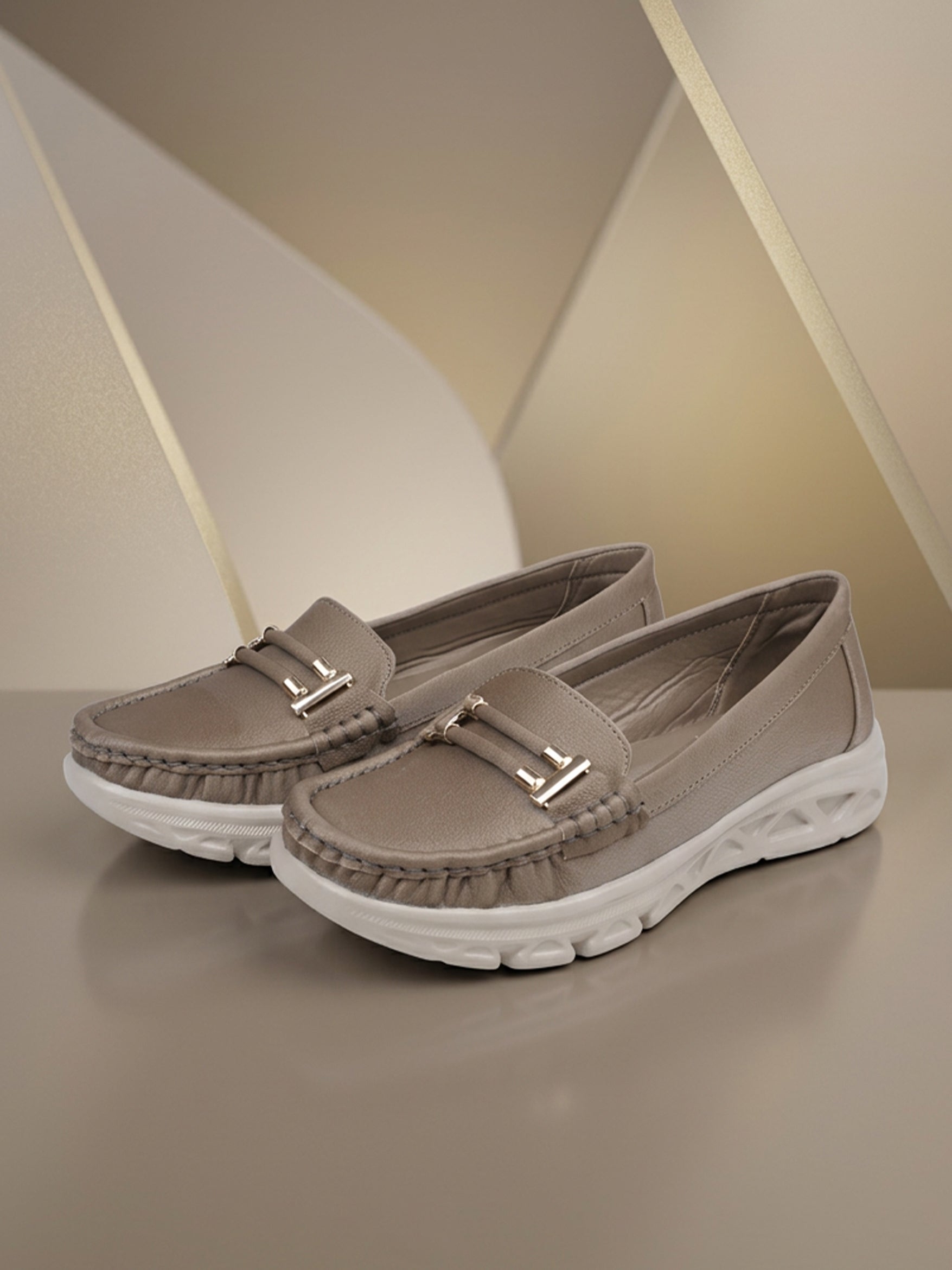 JiveVibe by Ezok Women Grey Textured Synthetic Loafers with Metallic Detail