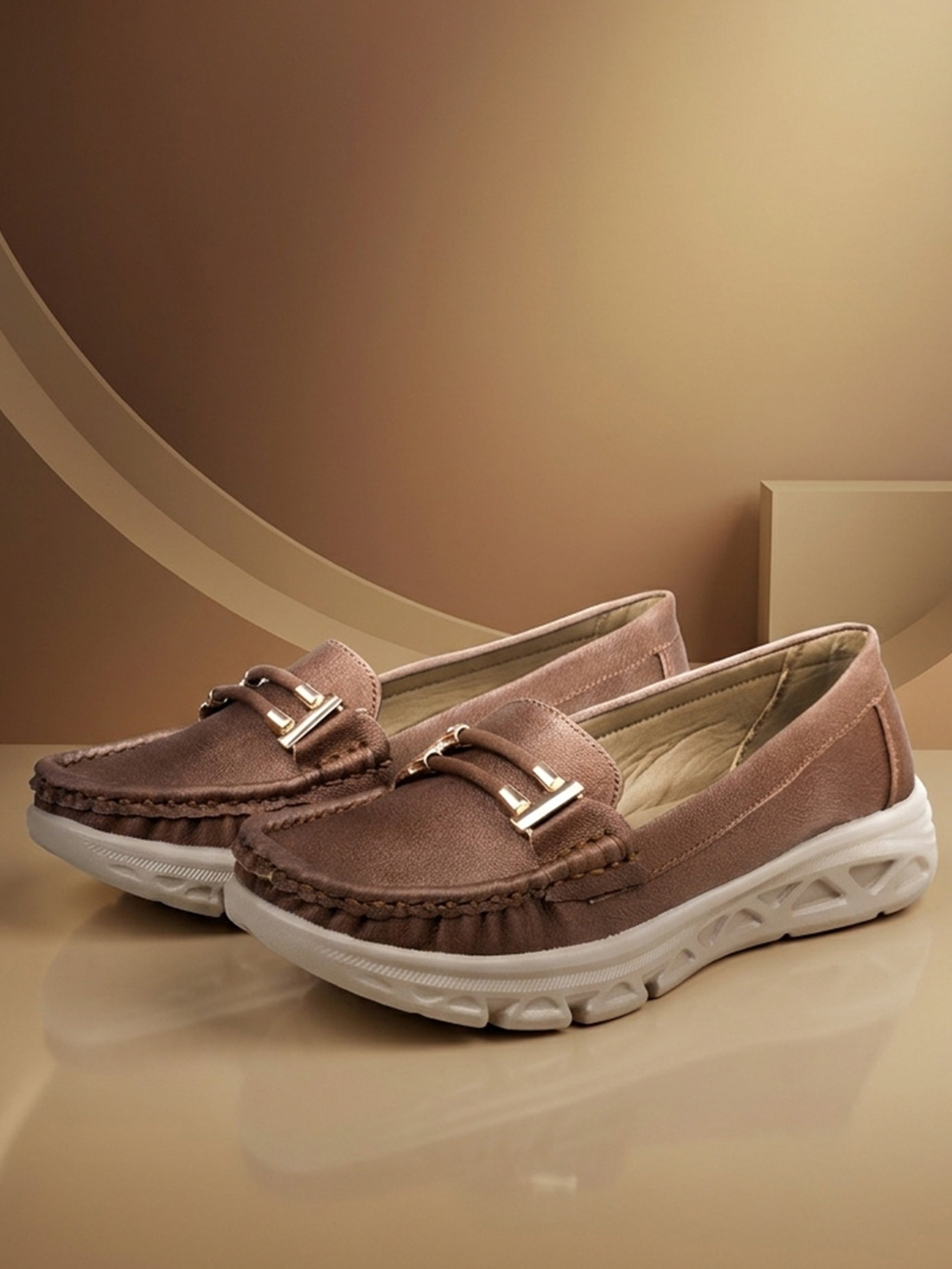 JiveVibe by Ezok Women Brown Textured Synthetic Loafers with Metallic Detail