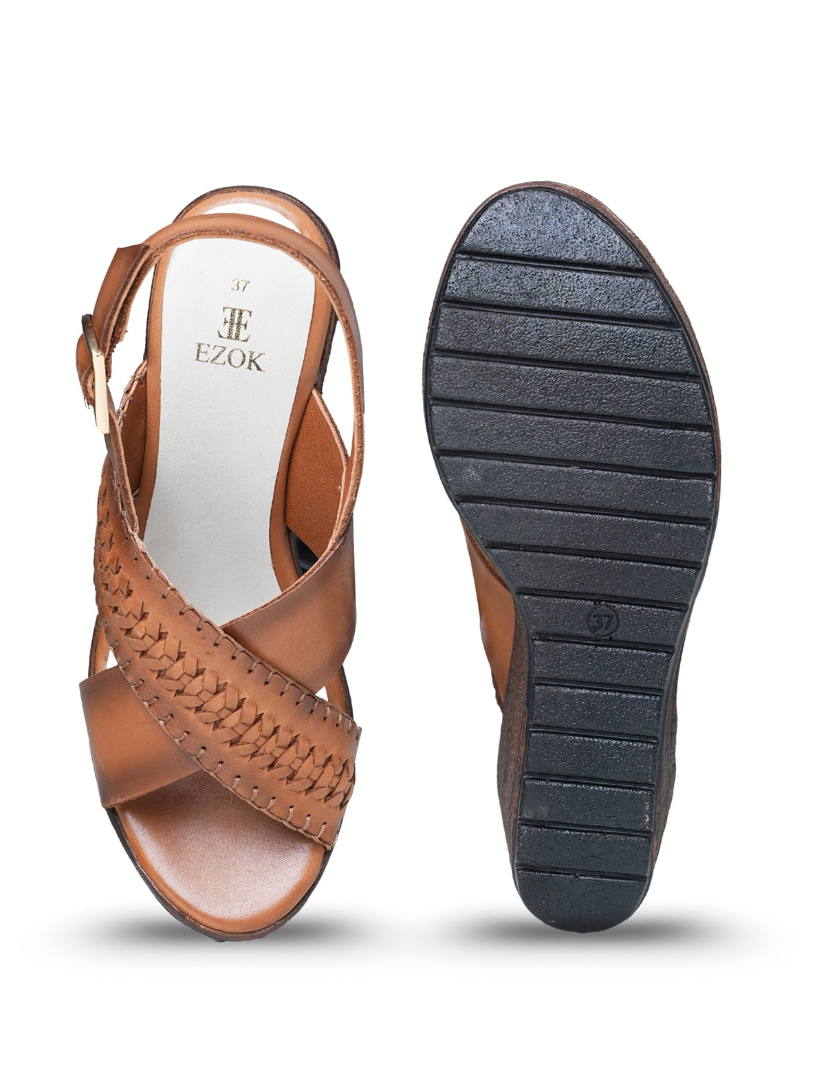 Ezok Women's Casual Leather Wedges | Stylish Back Strap Buckle Design with Cushioned Insole | Durable, Comfortable & Trendy for Daily Wear