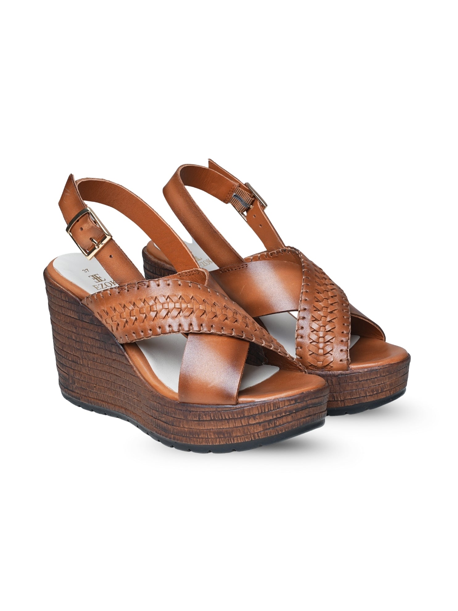 Ezok Women's Casual Leather Wedges | Stylish Back Strap Buckle Design with Cushioned Insole | Durable, Comfortable & Trendy for Daily Wear