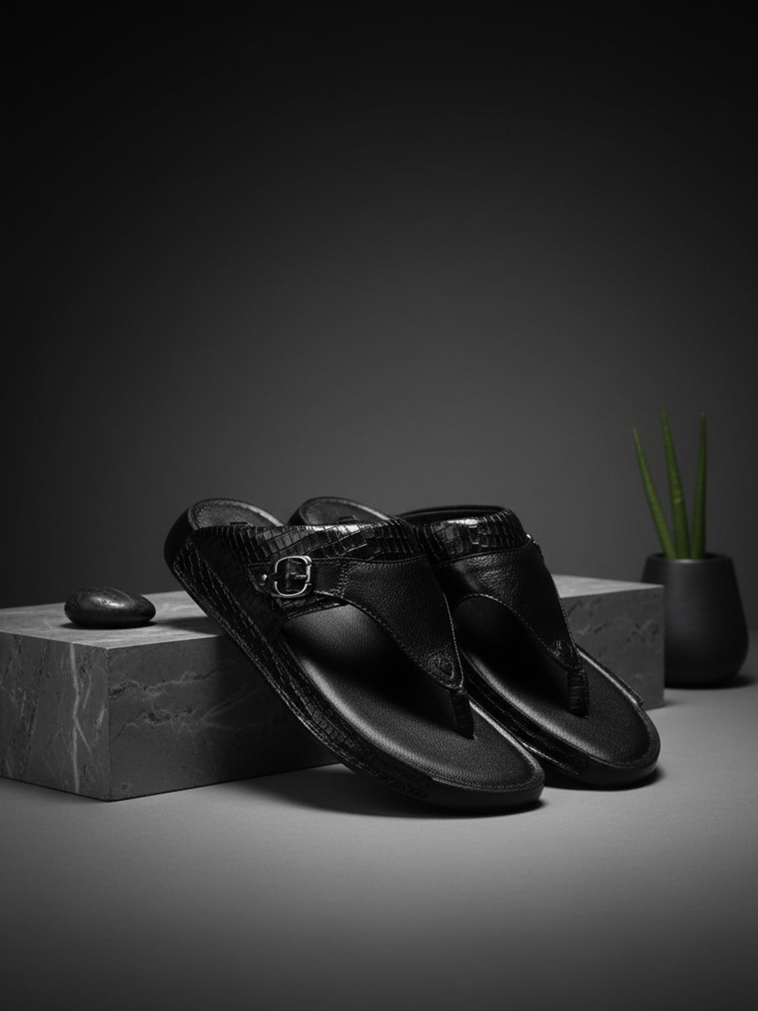 Ezok Men Black Leather Slip-On Sandals