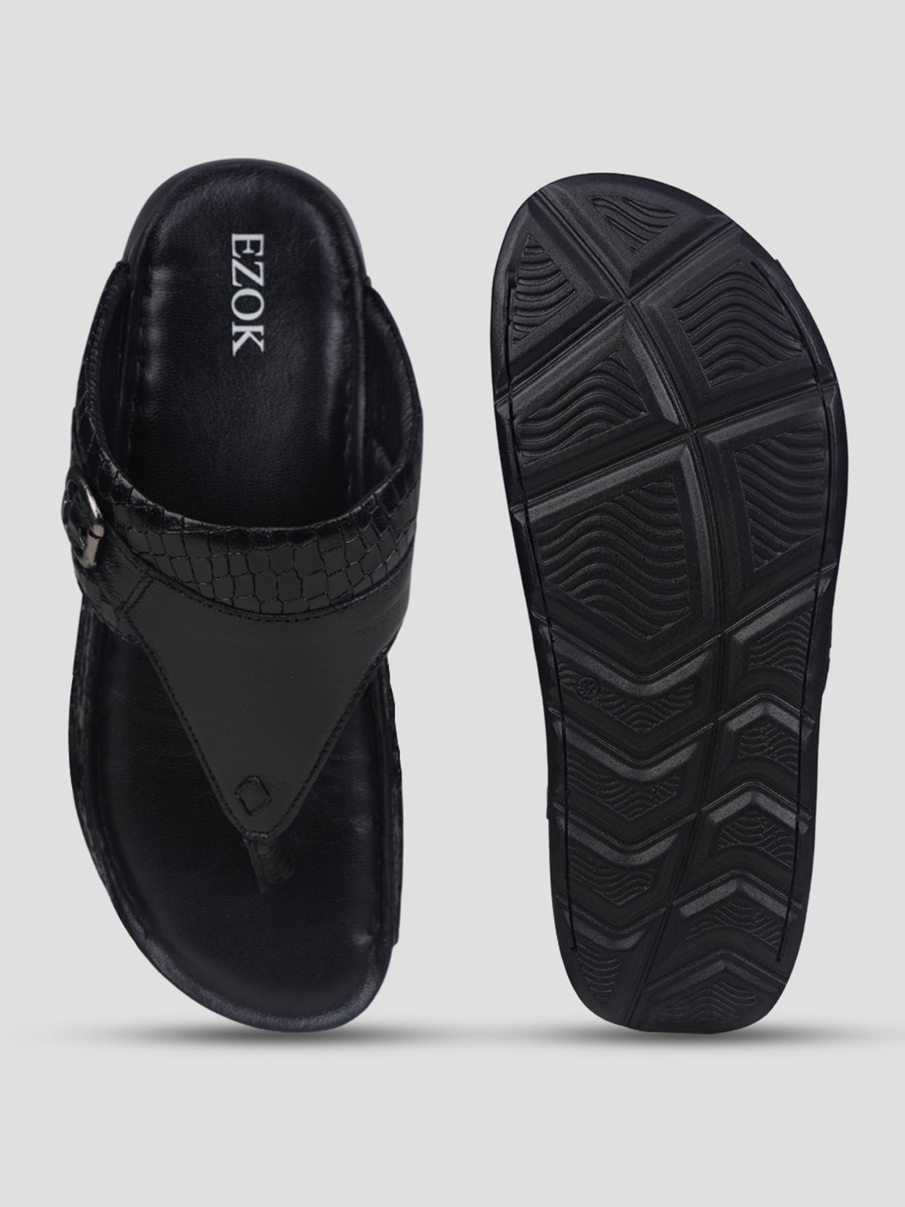 Ezok Men Black Leather Slip-On Sandals