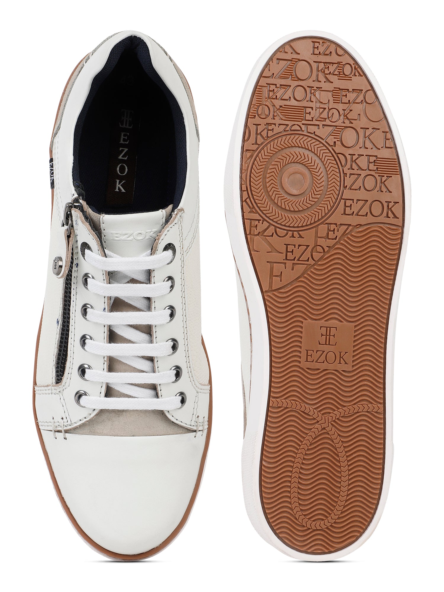 Ezok Men Leather White Lace-Up Casual Shoes
