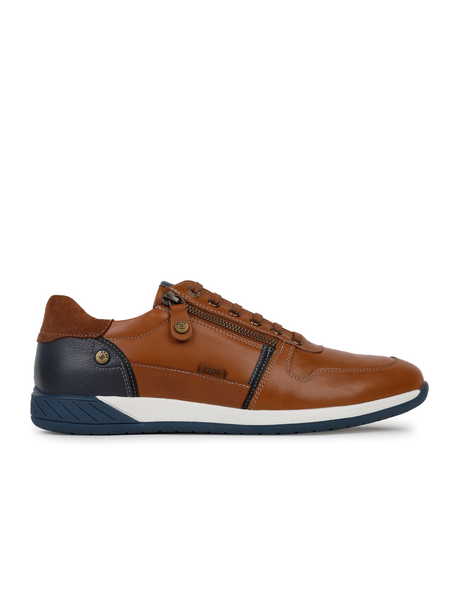 Ezok Men Leather Tan Lace-Up With Zipper Casual Shoes