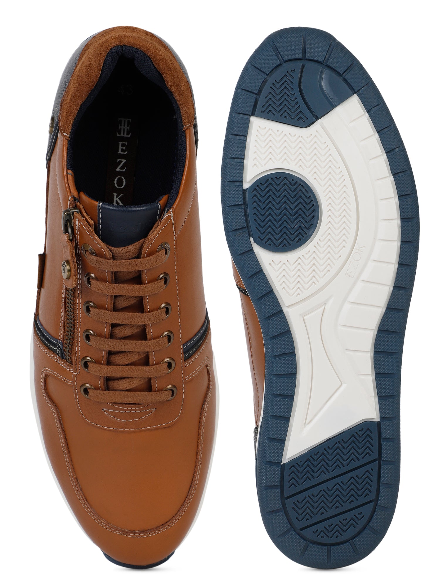 Ezok Men Leather Tan Lace-Up With Zipper Casual Shoes
