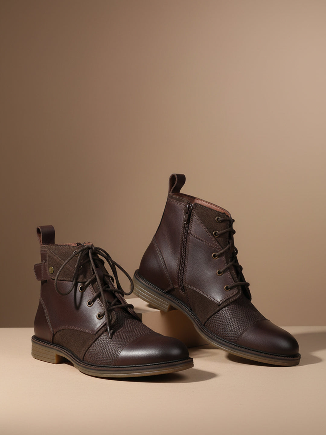Ezok Men Leather Lace-Up With Zipper Boots
