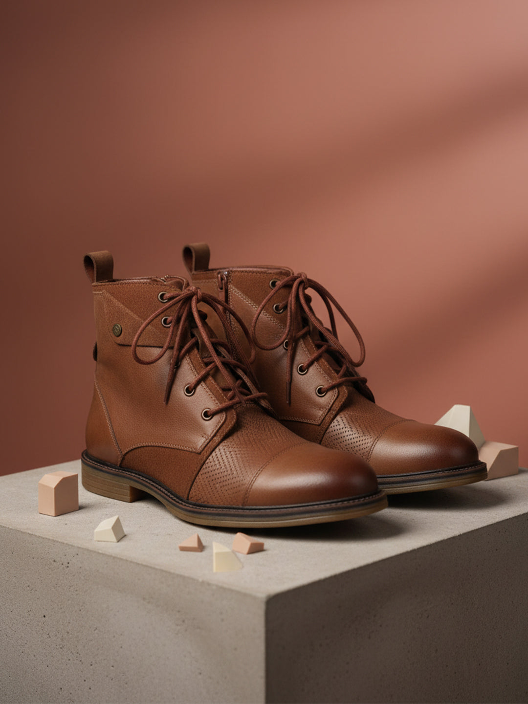 Ezok Men Leather Lace-Up With Zipper Boots
