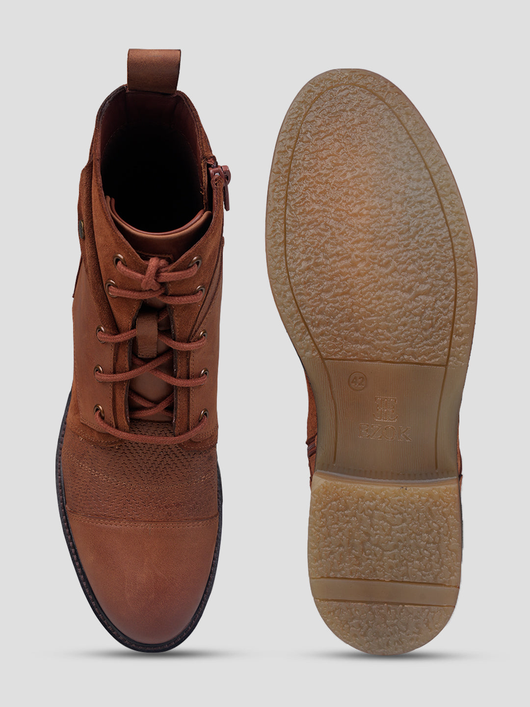 Ezok Men Leather Lace-Up With Zipper Boots
