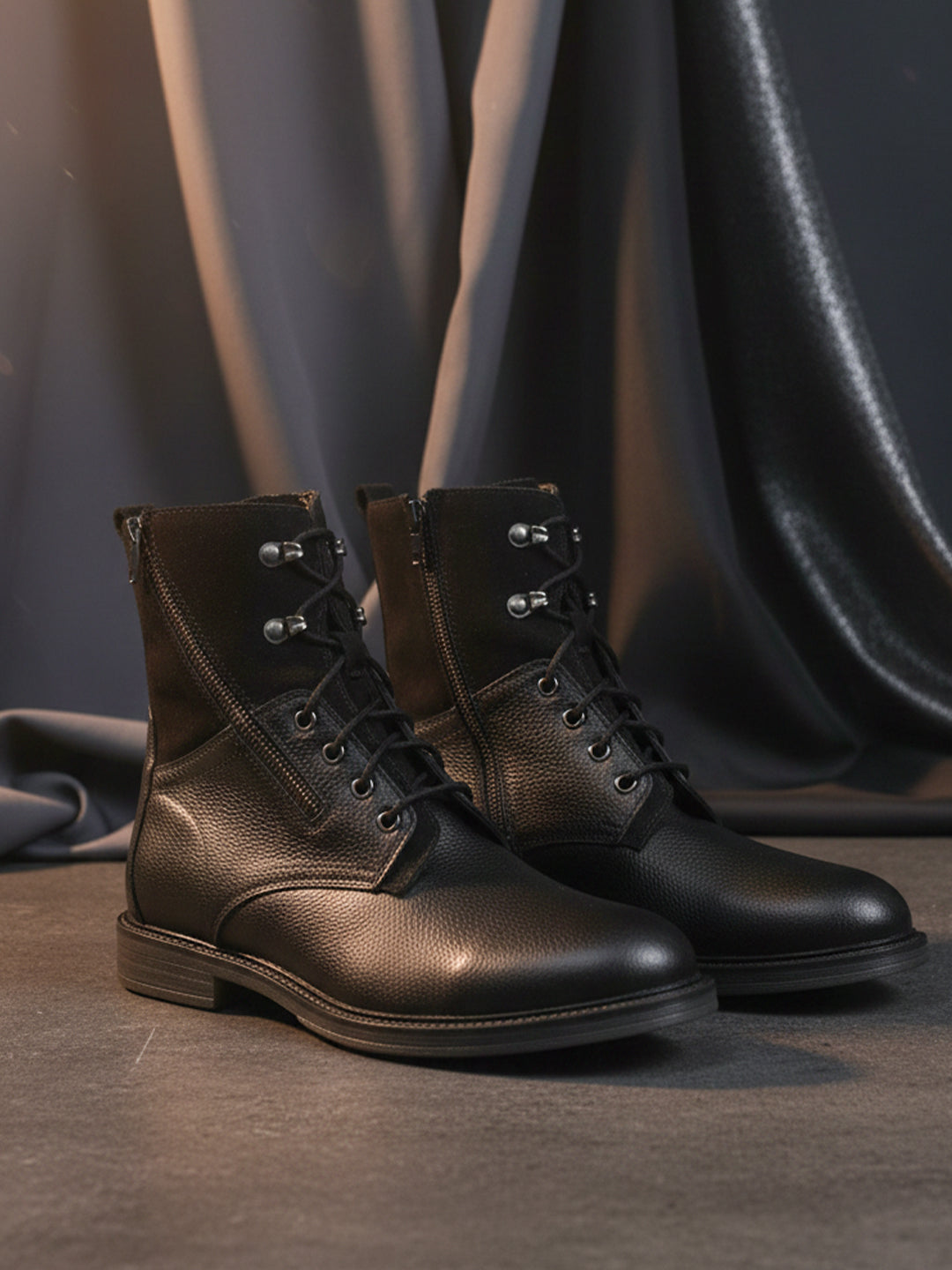 Ezok Men Leather Lace-Up With Zipper Boots