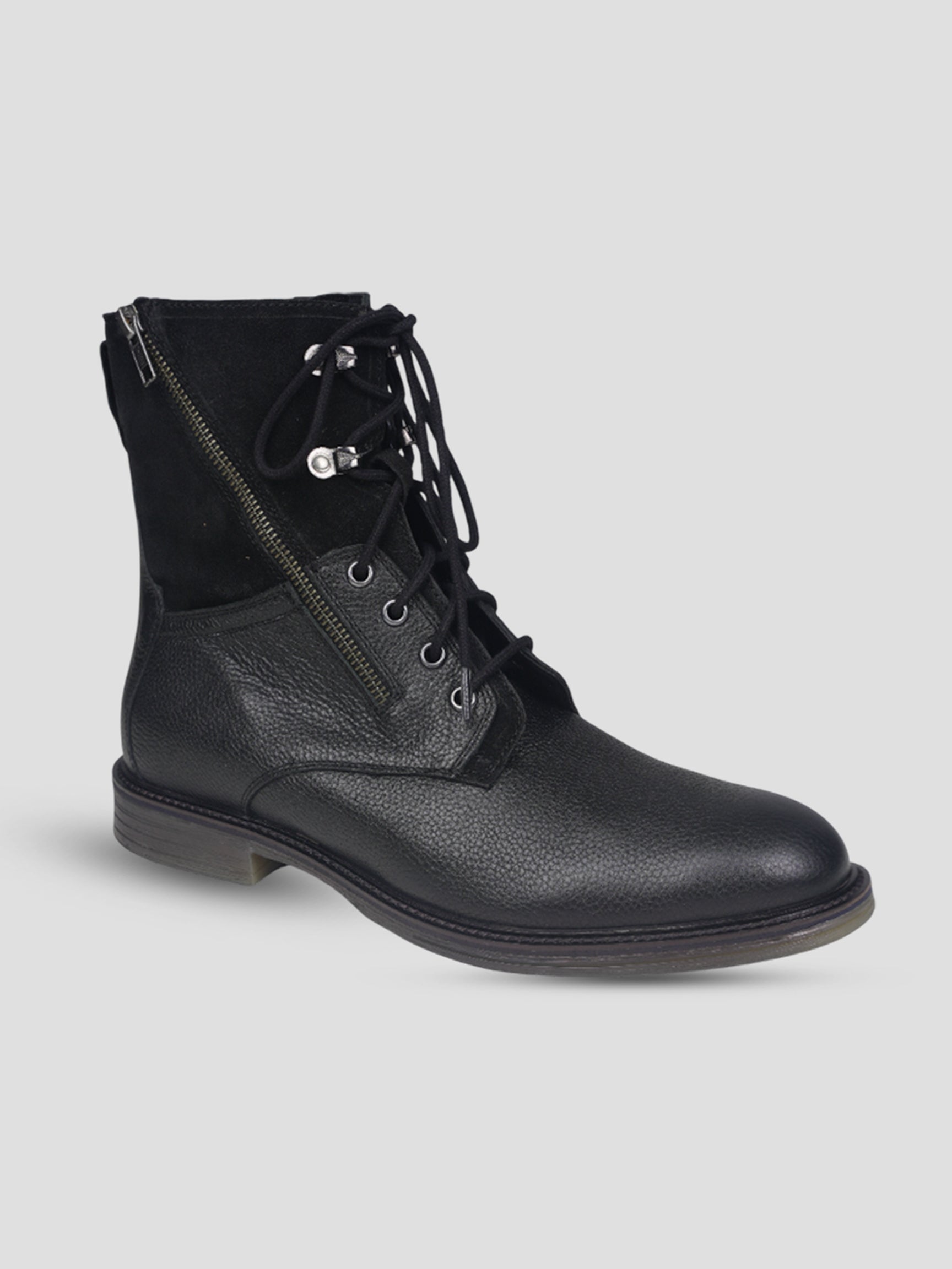 Ezok Men Leather Lace-Up With Zipper Boots