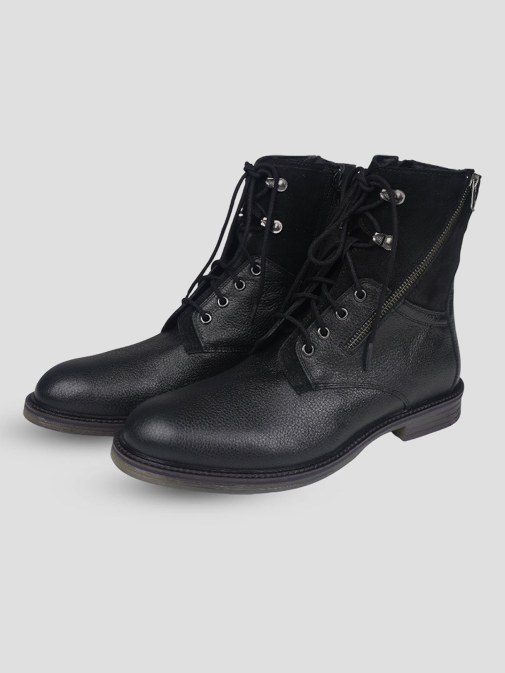 Ezok Men Leather Lace-Up With Zipper Boots