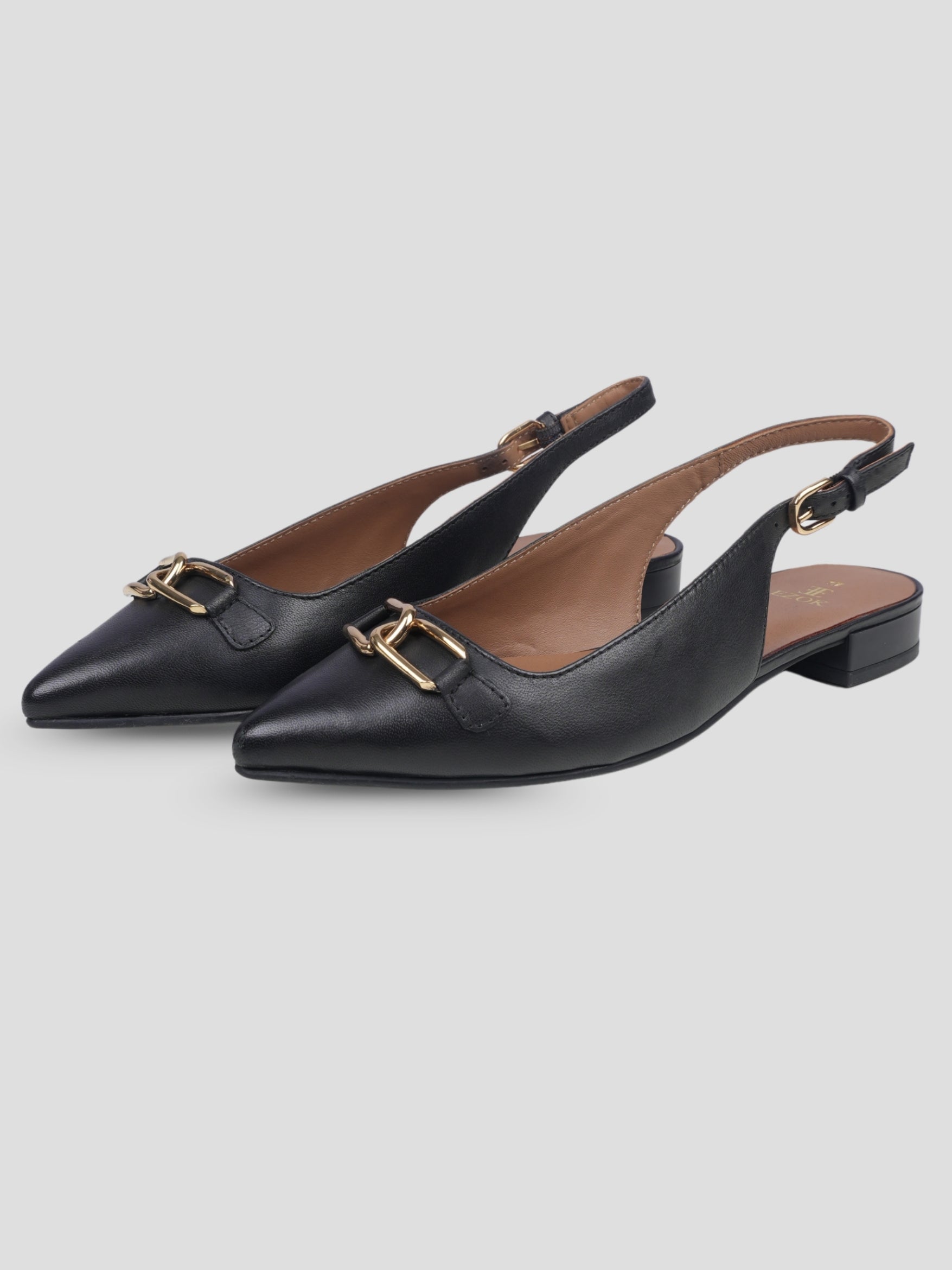 Ezok Women Black Leather Slingback Flats with Metal Embellishment