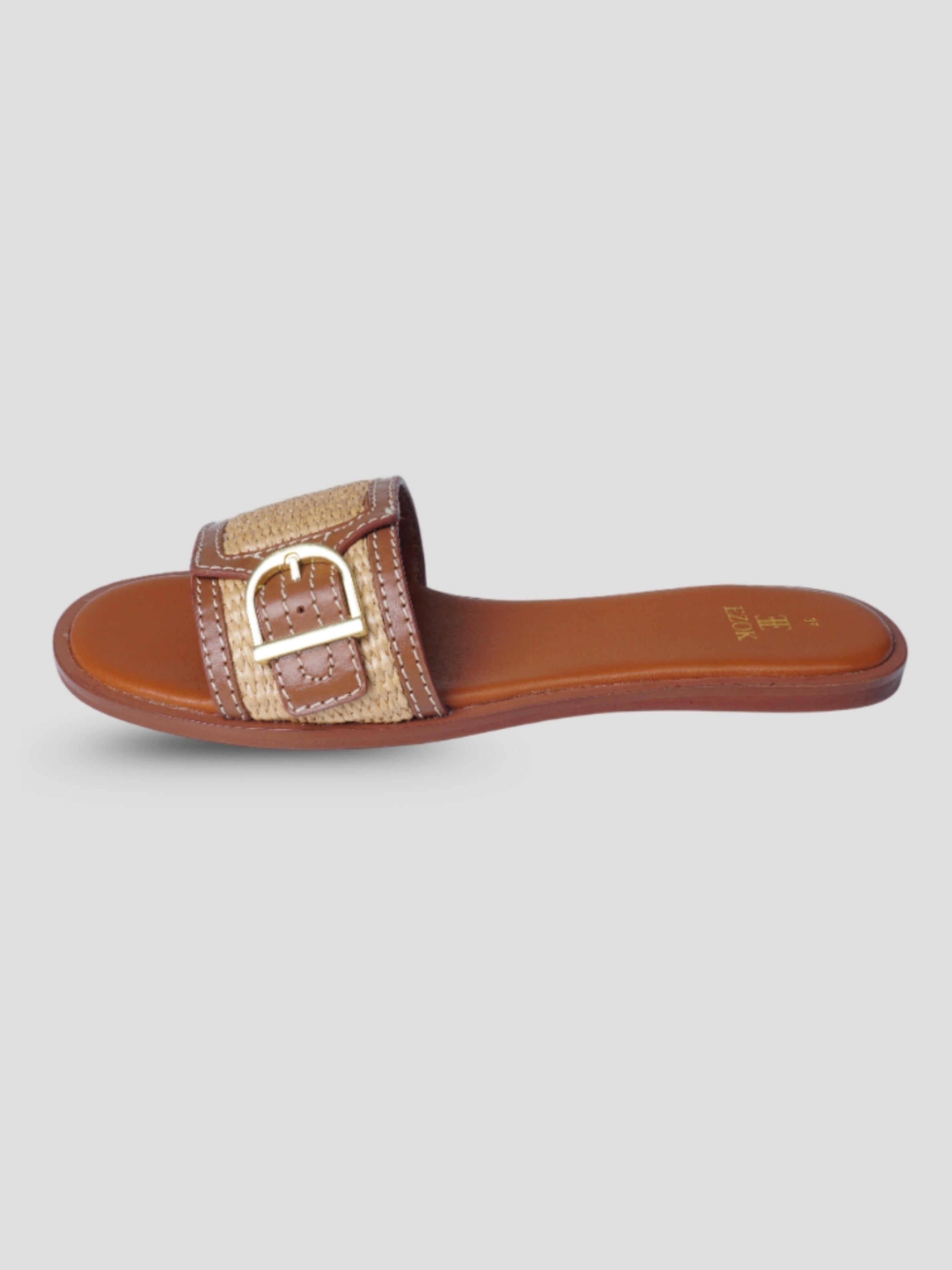 Ezok Tan Leather and Raffia Slip On With Buckle Sandals