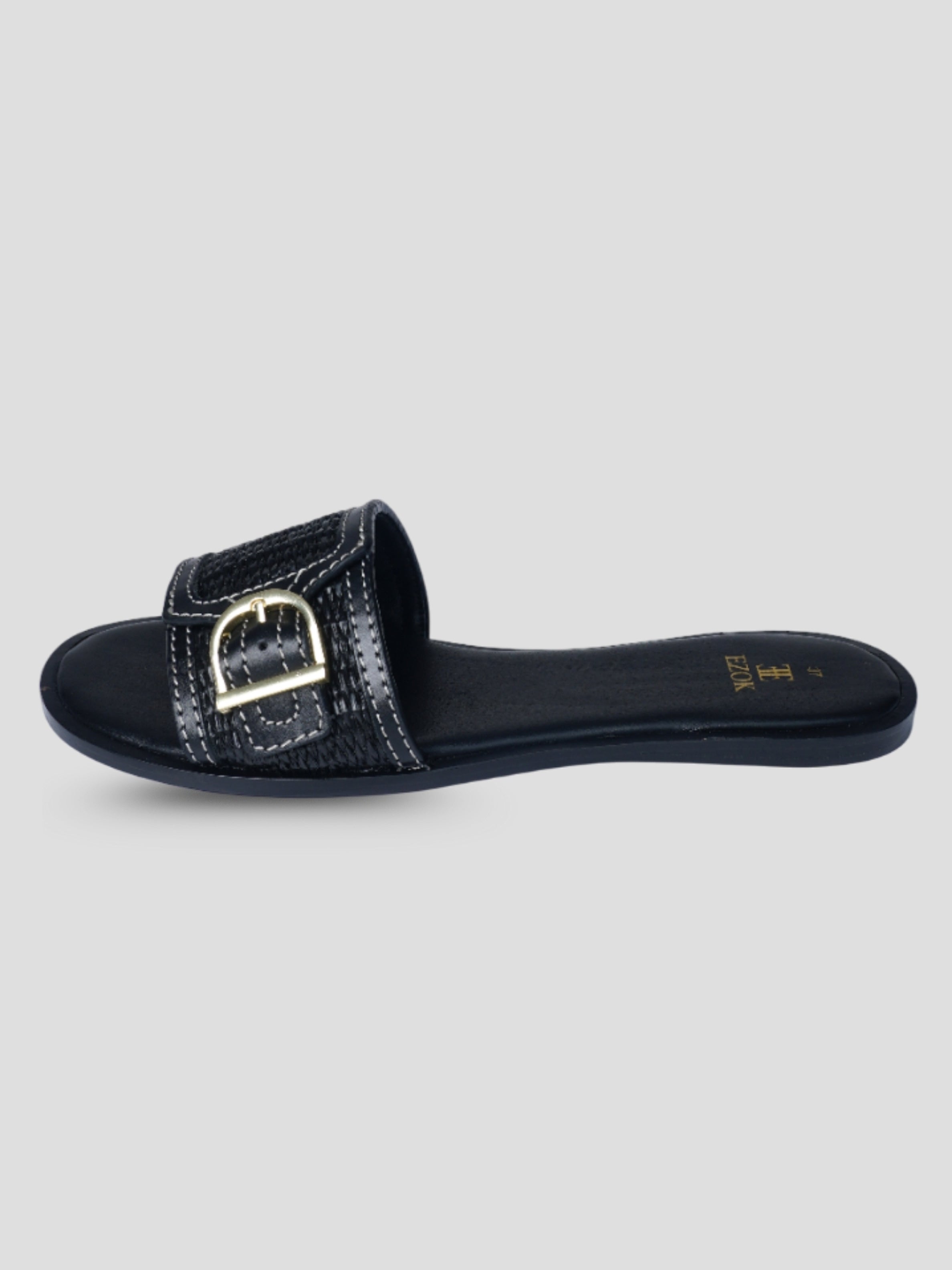 Ezok Black Leather and Raffia Slip On With Buckle Sandals