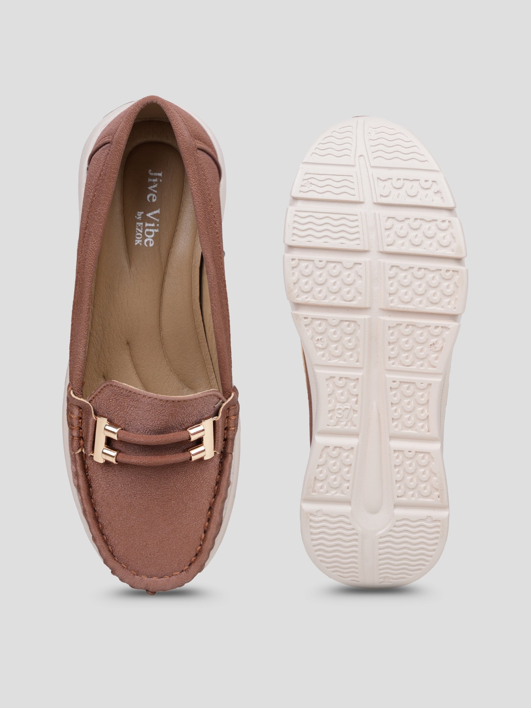 JiveVibe by Ezok Women Brown Textured Synthetic Loafers with Metallic Detail