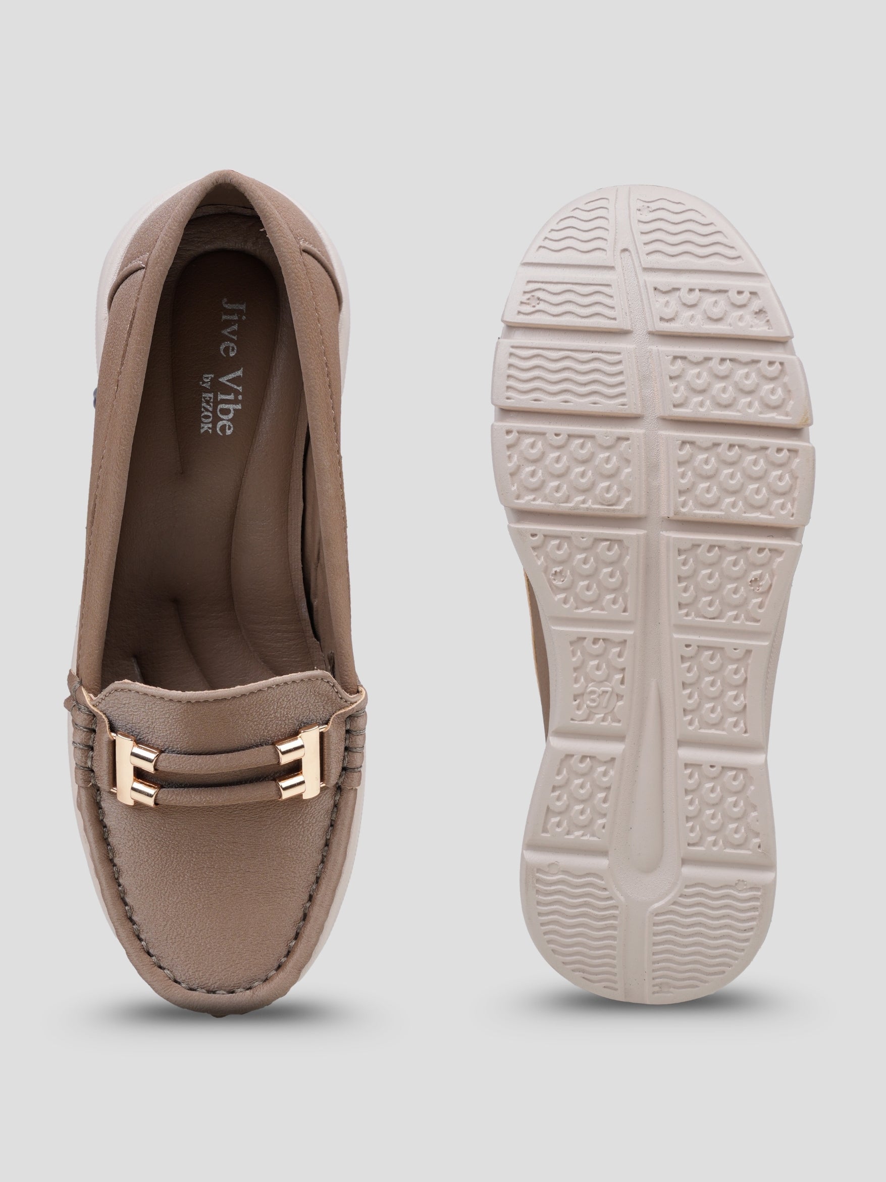 JiveVibe by Ezok Women Grey Textured Synthetic Loafers with Metallic Detail