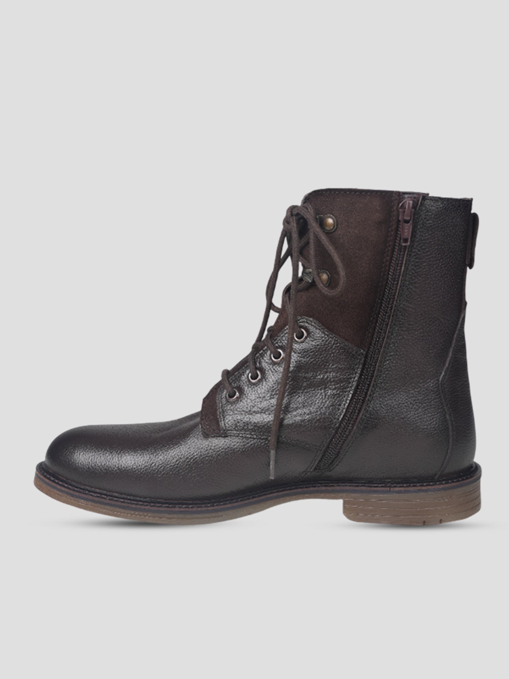 Ezok Men Leather Lace-Up With Zipper Boots