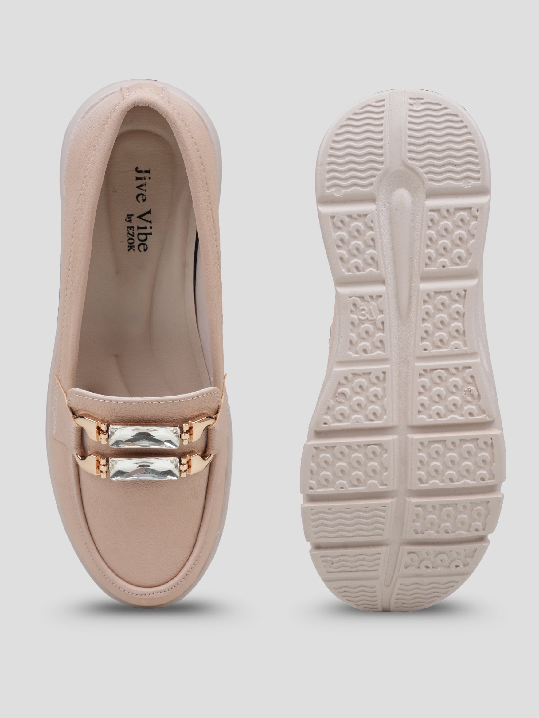 JiveVibe by Ezok Women Beige Synthetic Slip-On Casual Shoes with Metal Detail