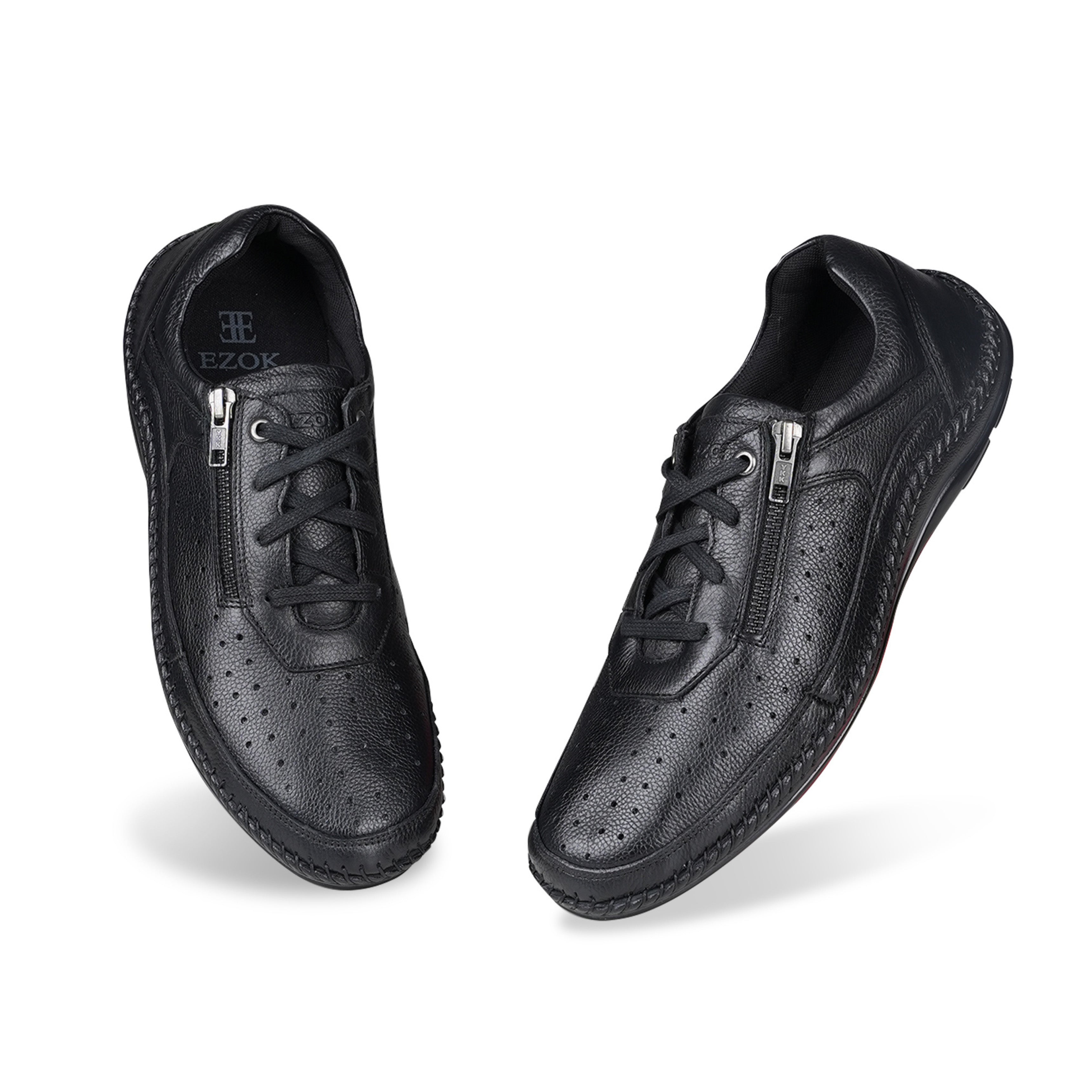 Ezok Men Leather Lace-Up With Zipper Casual Shoes