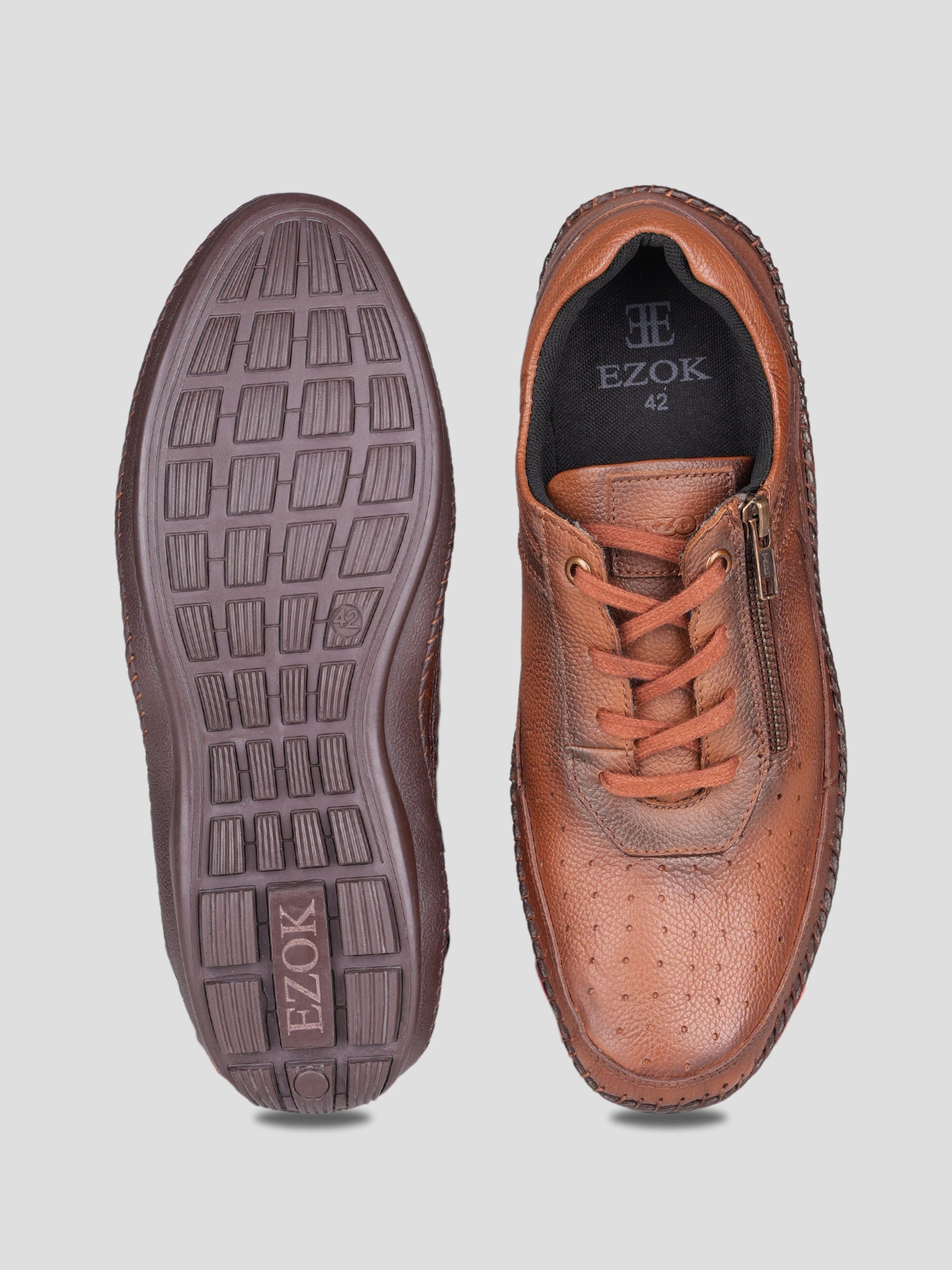 Ezok Men Leather Lace-Up With Zipper Casual Shoes