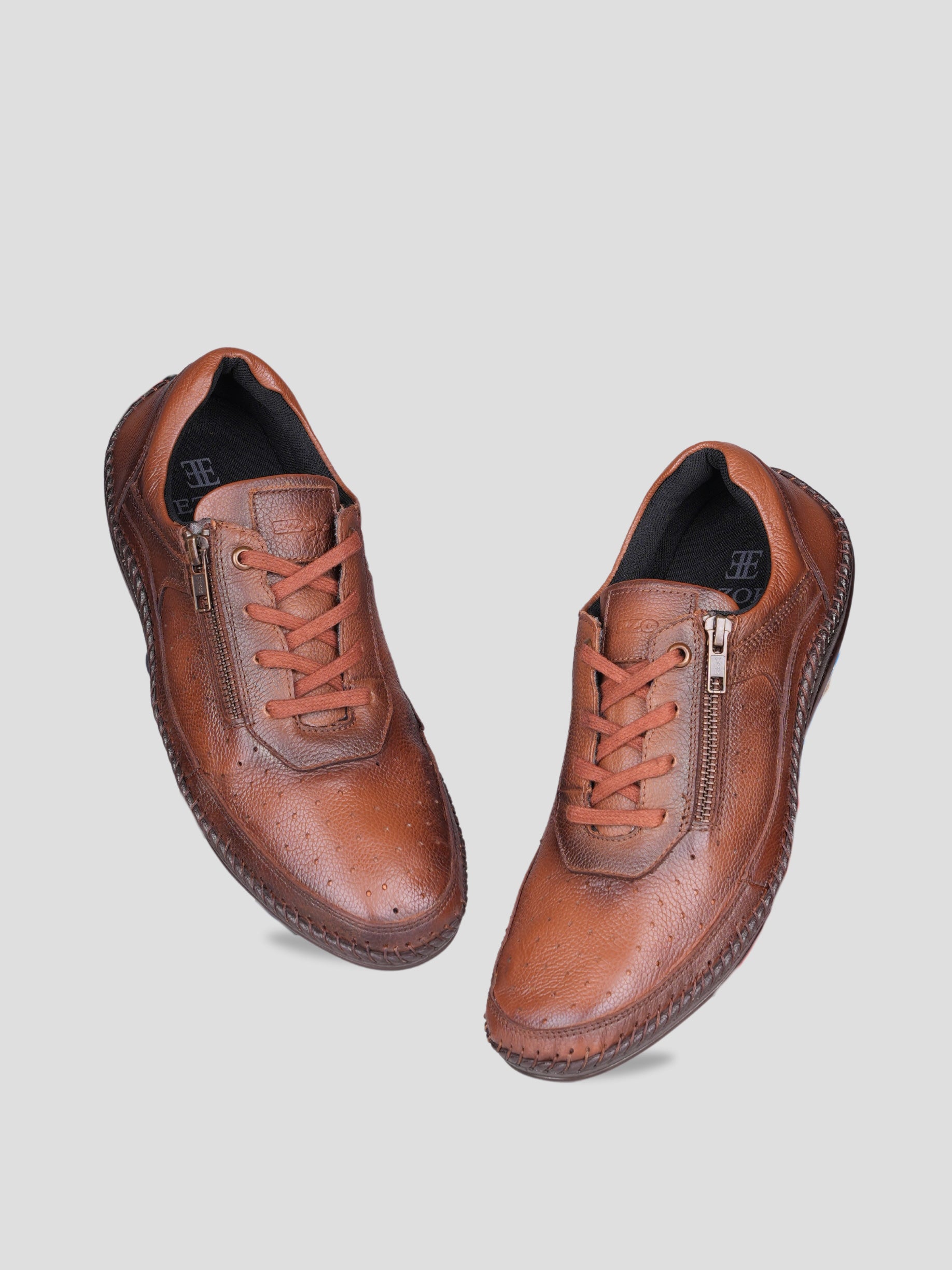 Ezok Men Leather Lace-Up With Zipper Casual Shoes