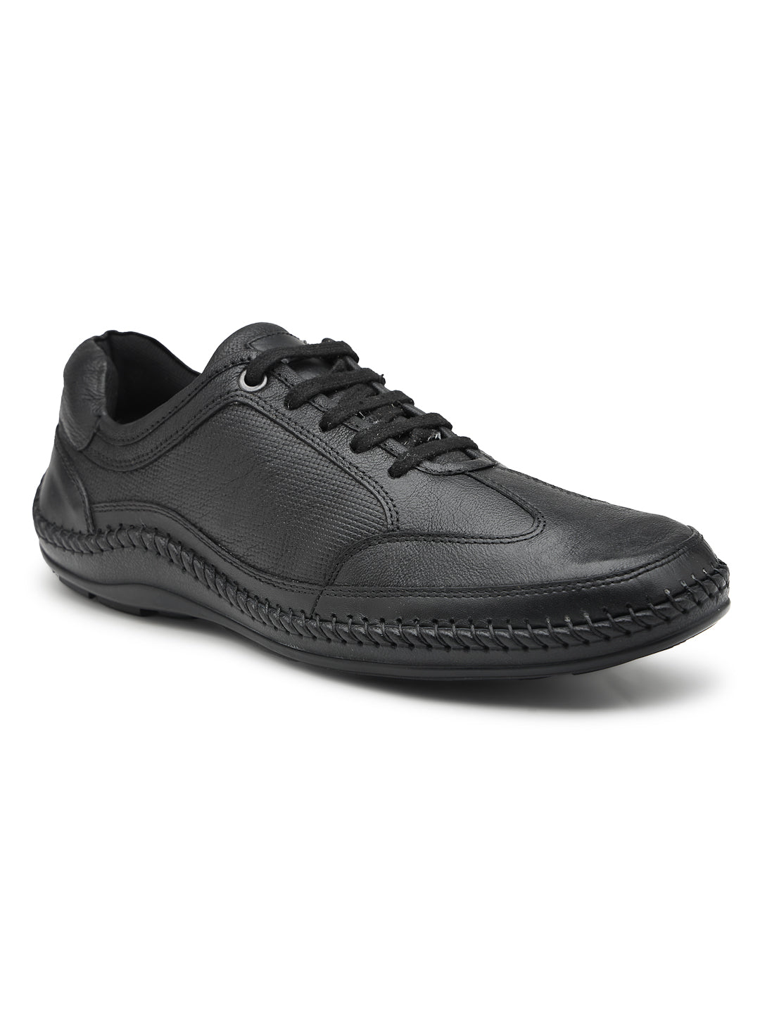 Ezok Men Leather Black Lace-Up Casual Shoes