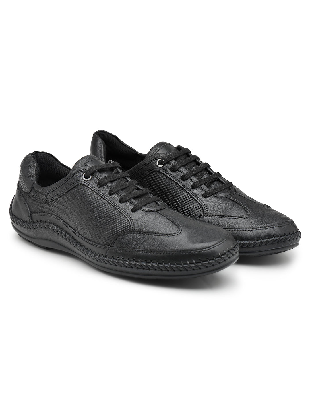 Ezok Men Leather Black Lace-Up Casual Shoes