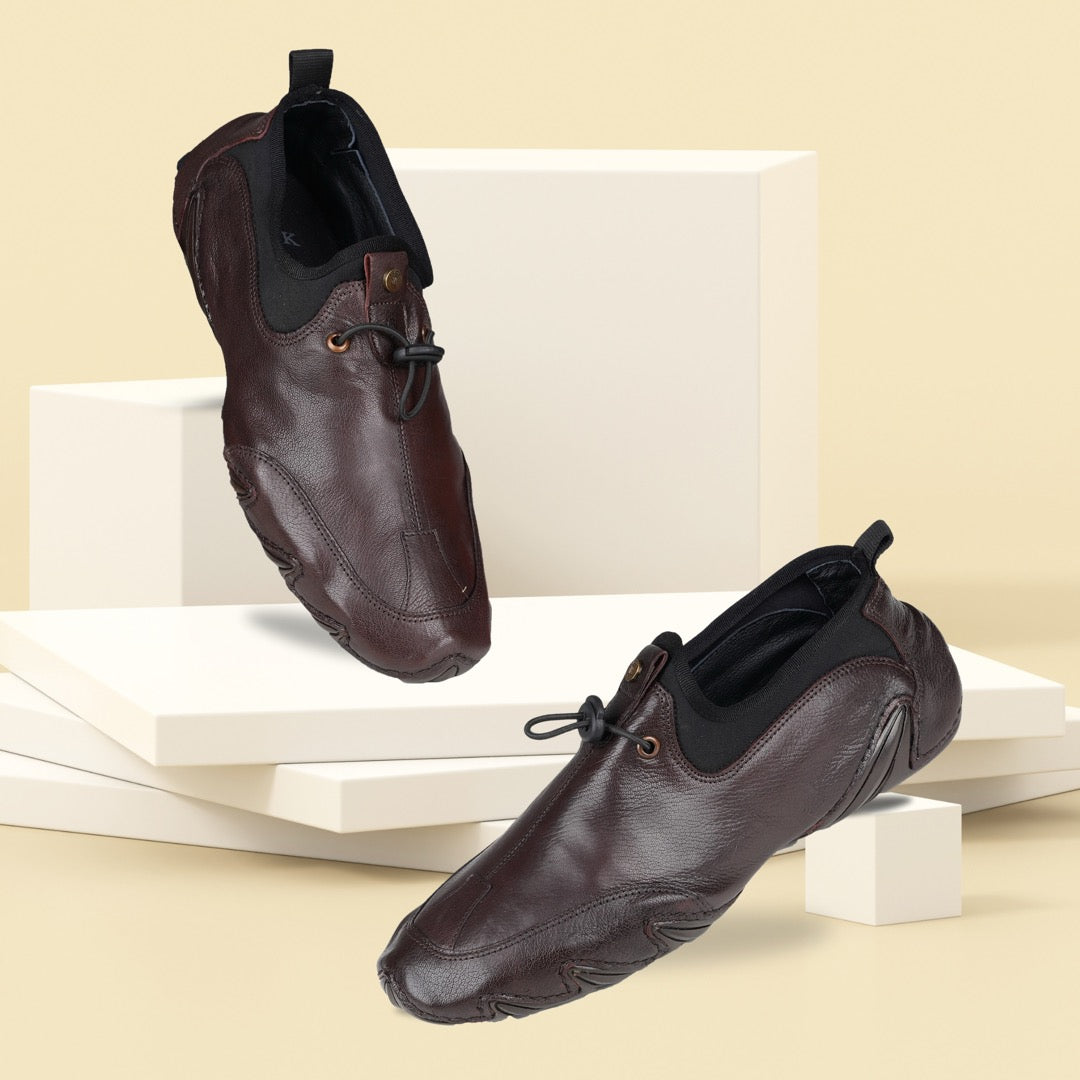 Ezok Men Leather Chocolate Slip-On Casual Shoes