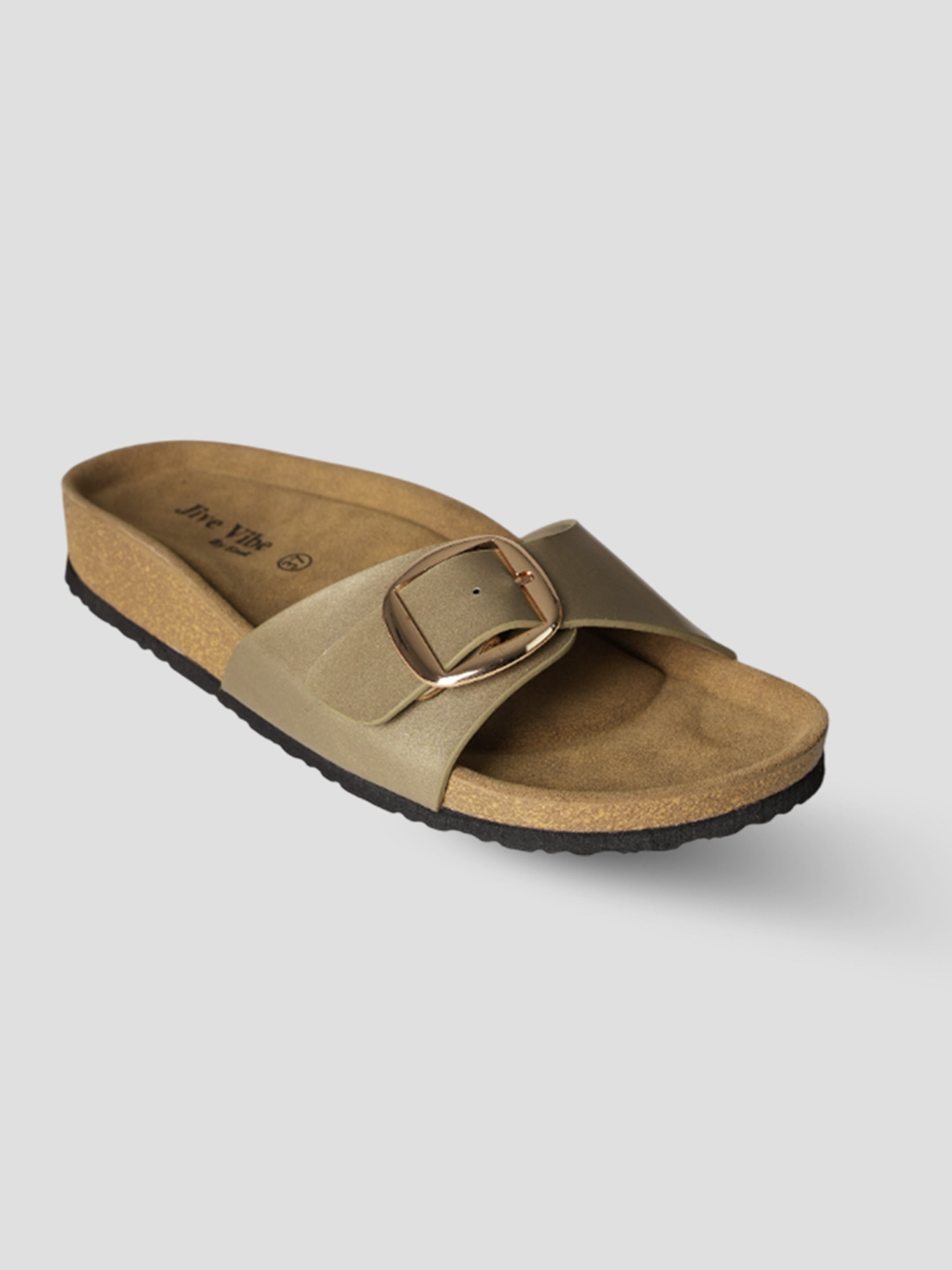 Jive Vibe By Ezok Gold Synthetic Slip On With Buckle Sandals