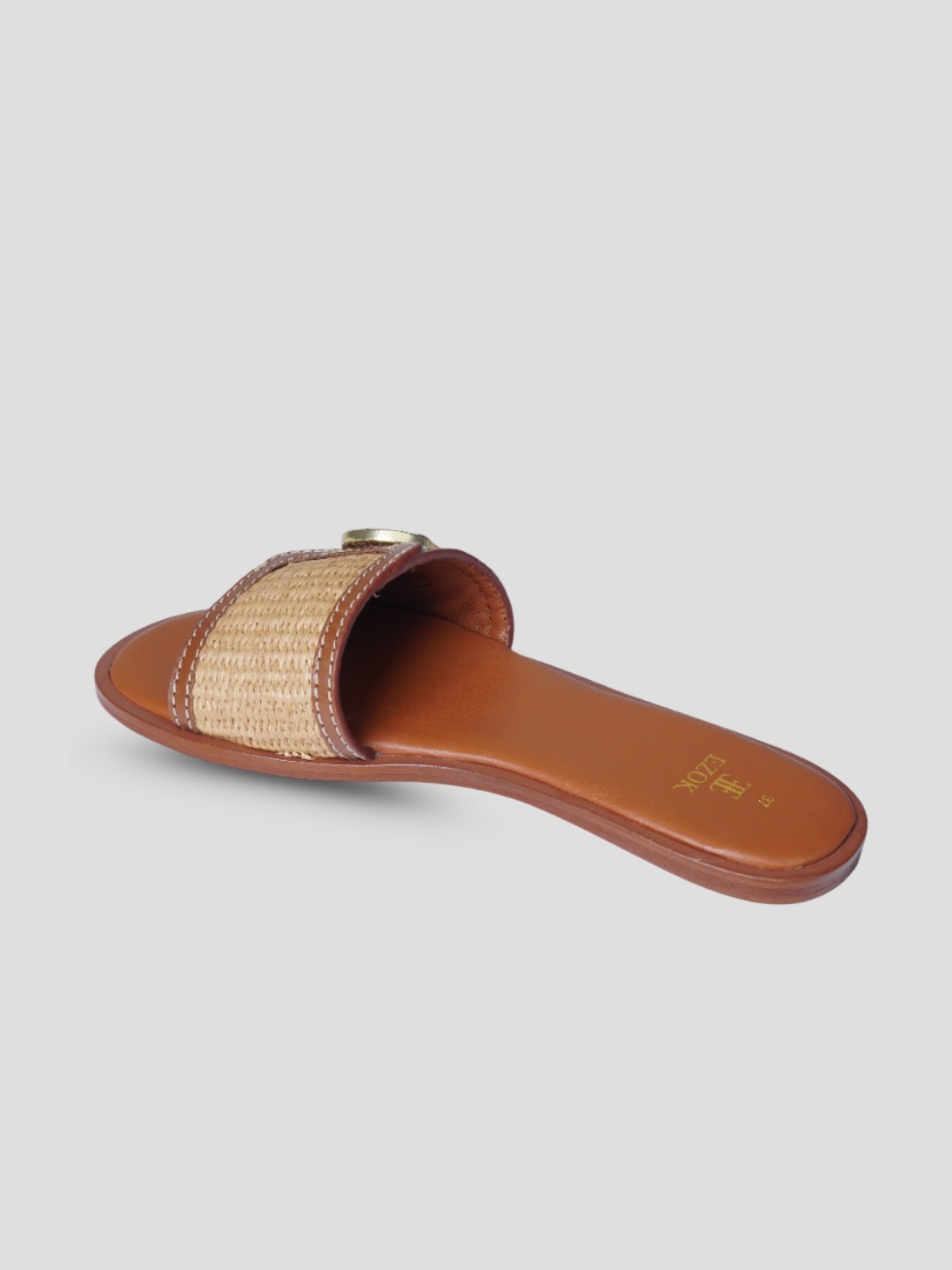 Ezok Tan Leather and Raffia Slip On With Buckle Sandals