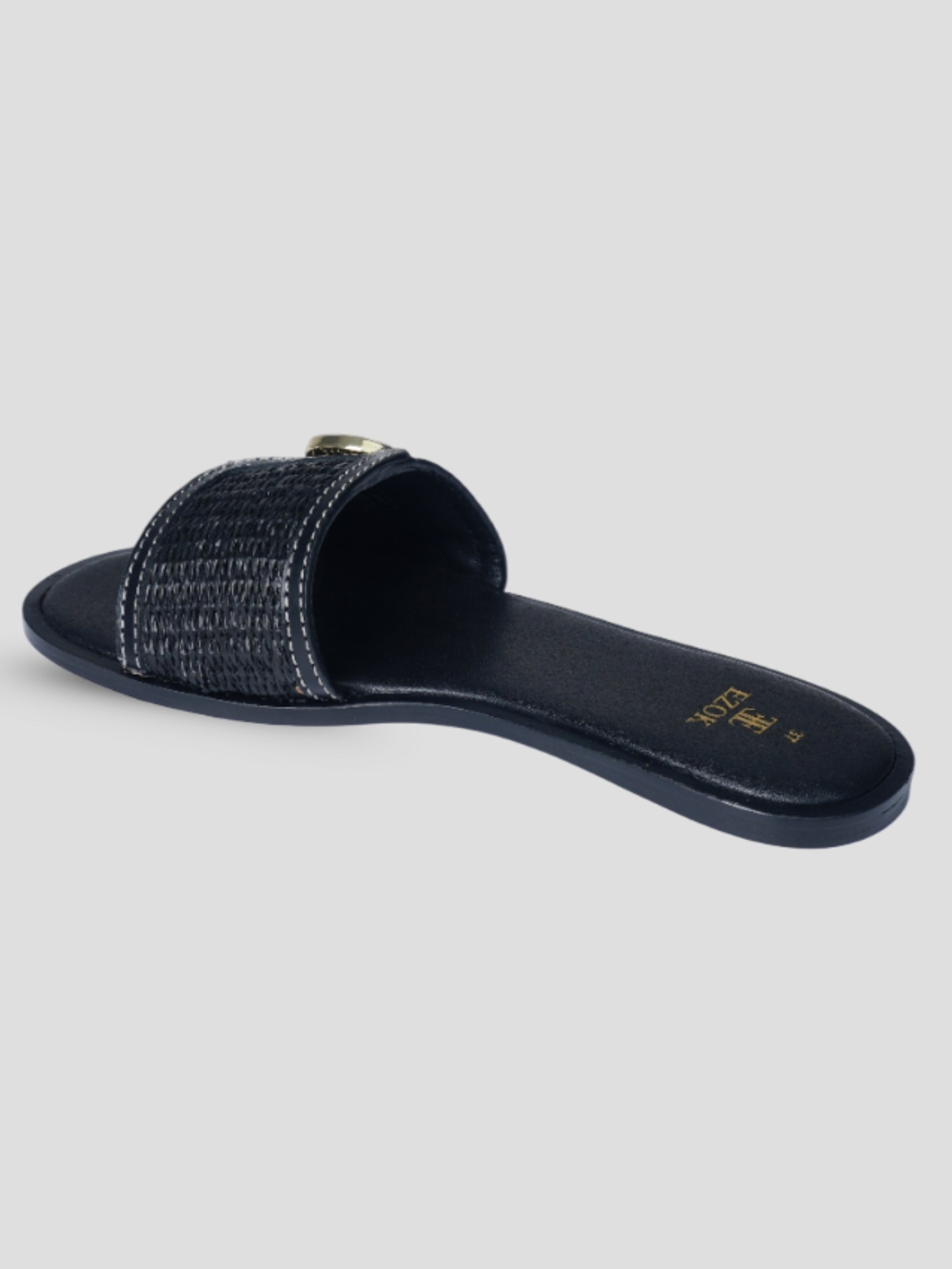 Ezok Black Leather and Raffia Slip On With Buckle Sandals