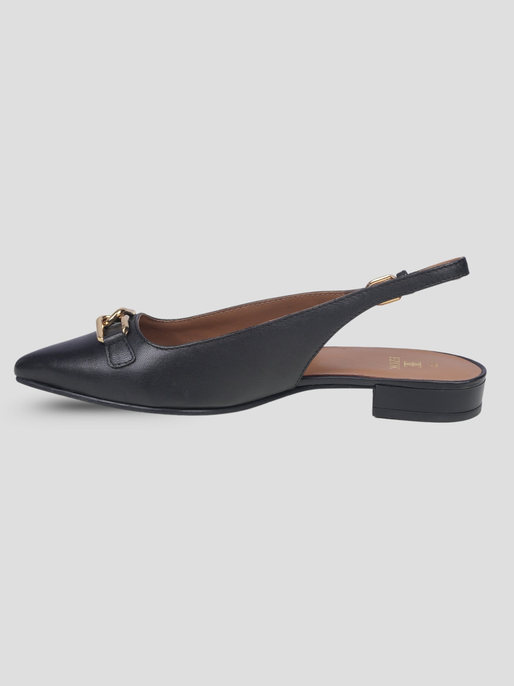 Ezok Women Black Leather Slingback Flats with Metal Embellishment