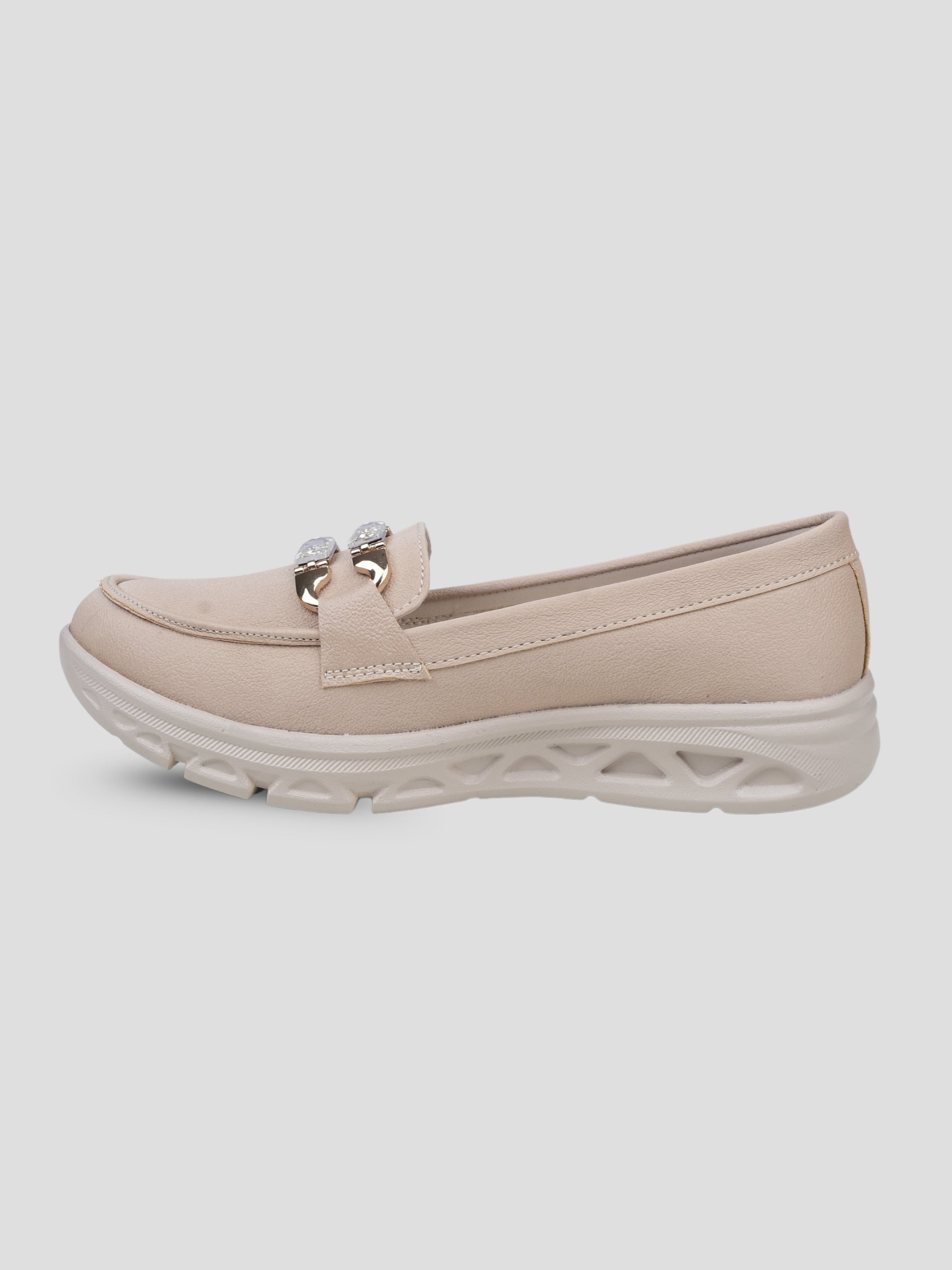 JiveVibe by Ezok Women Beige Synthetic Slip-On Casual Shoes with Metal Detail