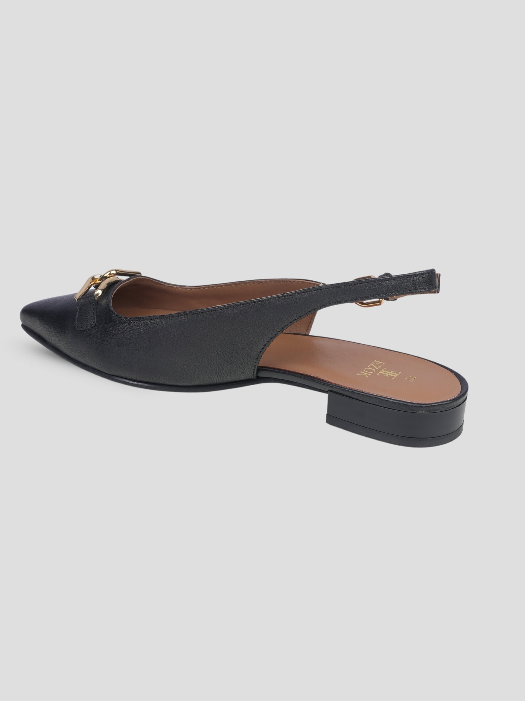 Ezok Women Black Leather Slingback Flats with Metal Embellishment