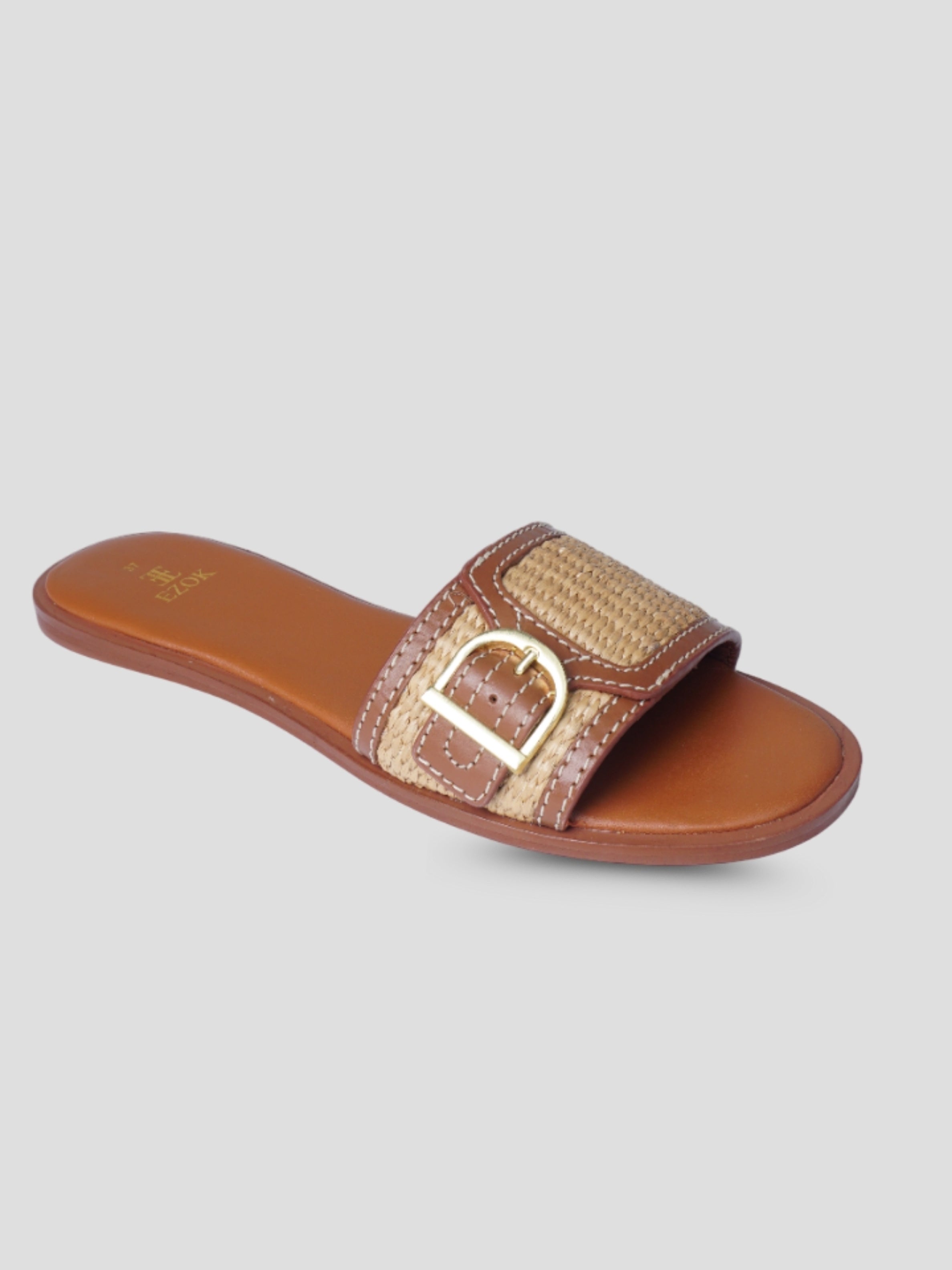 Ezok Tan Leather and Raffia Slip On With Buckle Sandals