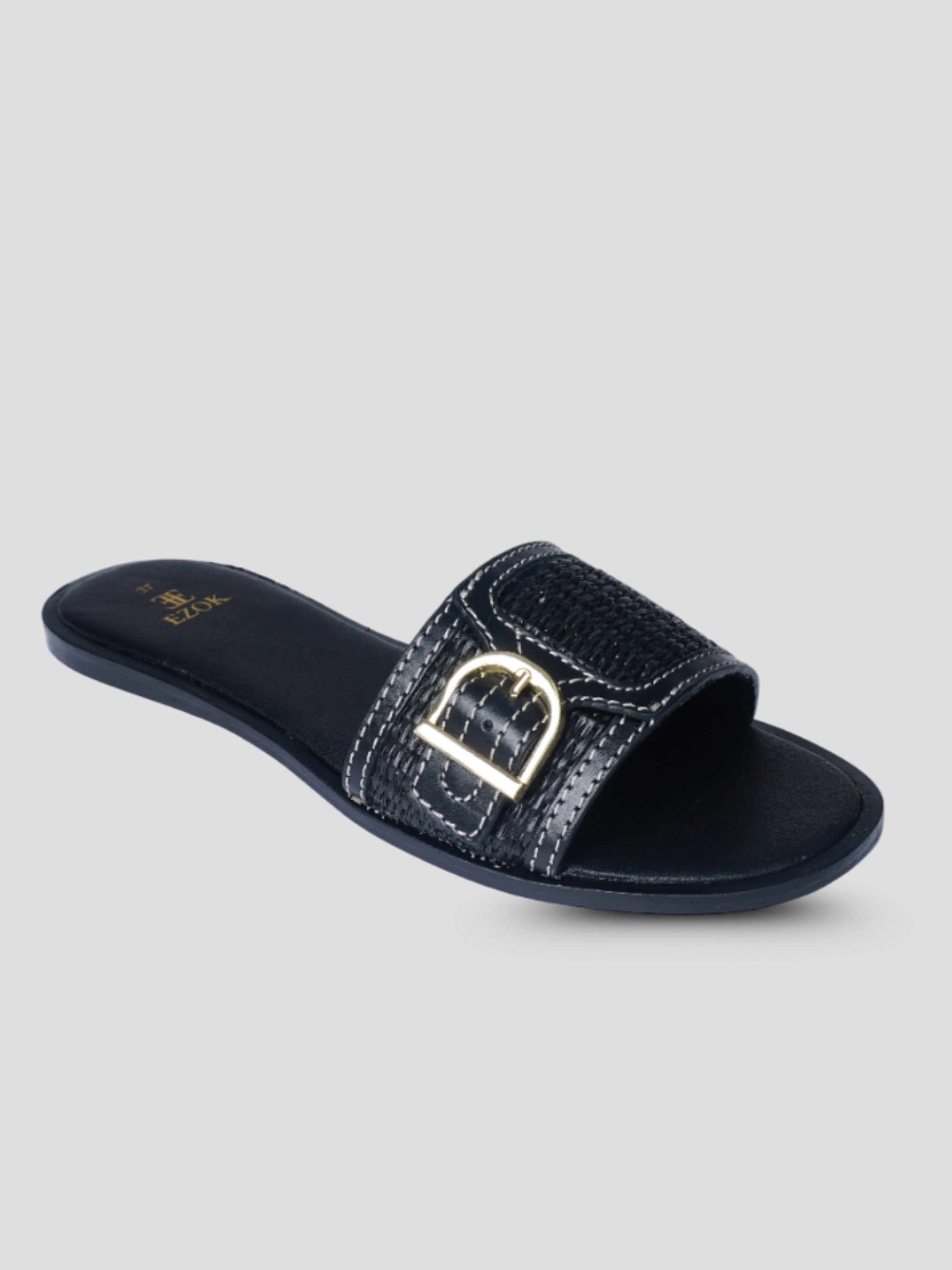 Ezok Black Leather and Raffia Slip On With Buckle Sandals