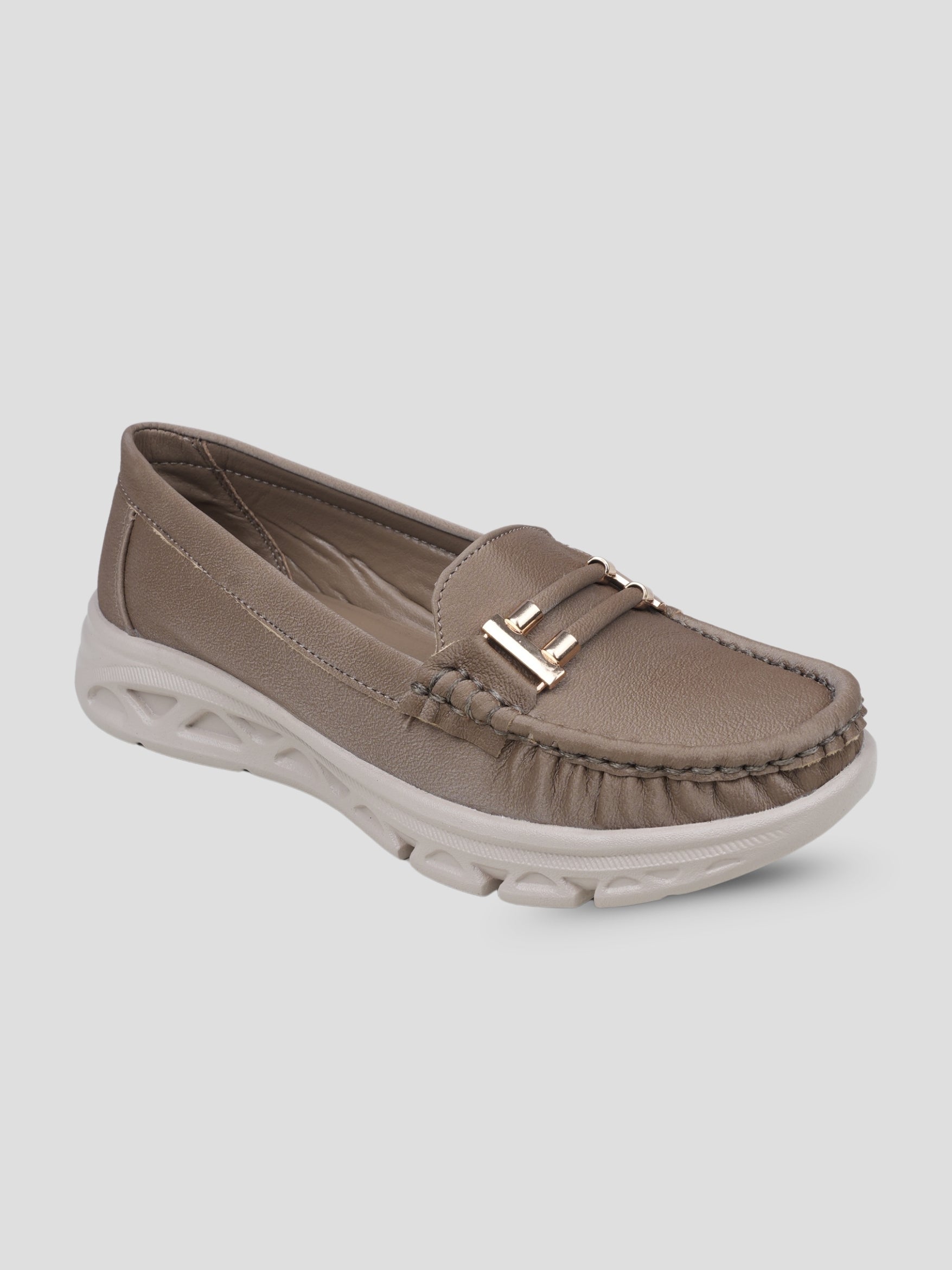 JiveVibe by Ezok Women Grey Textured Synthetic Loafers with Metallic Detail