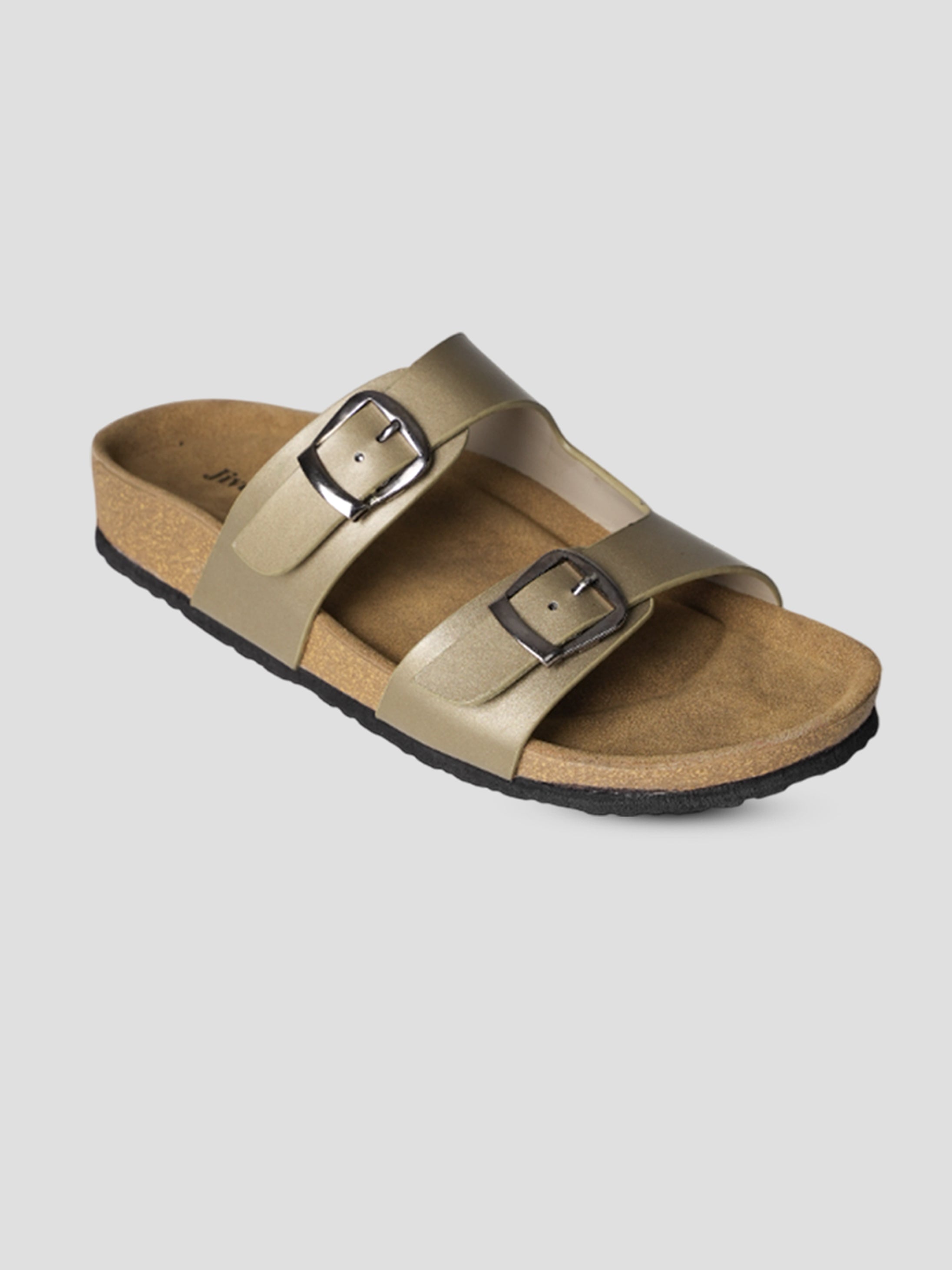 Jive Vibe By Ezok Gold Synthetic Slip On With Buckle Sandals