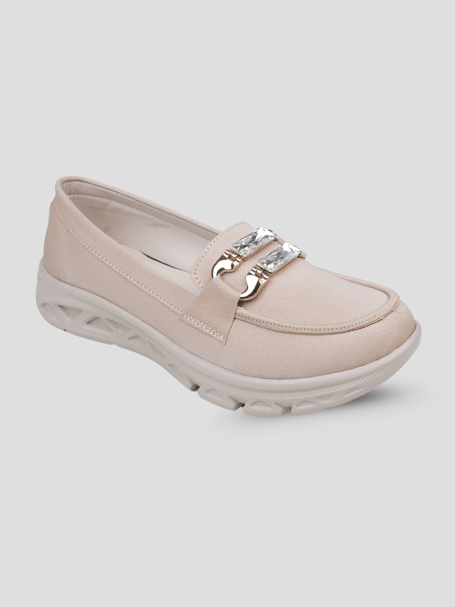 JiveVibe by Ezok Women Beige Synthetic Slip-On Casual Shoes with Metal Detail