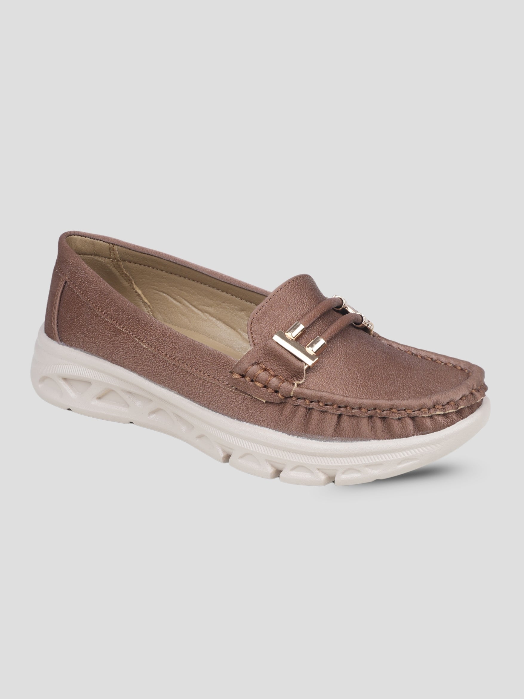 JiveVibe by Ezok Women Brown Textured Synthetic Loafers with Metallic Detail