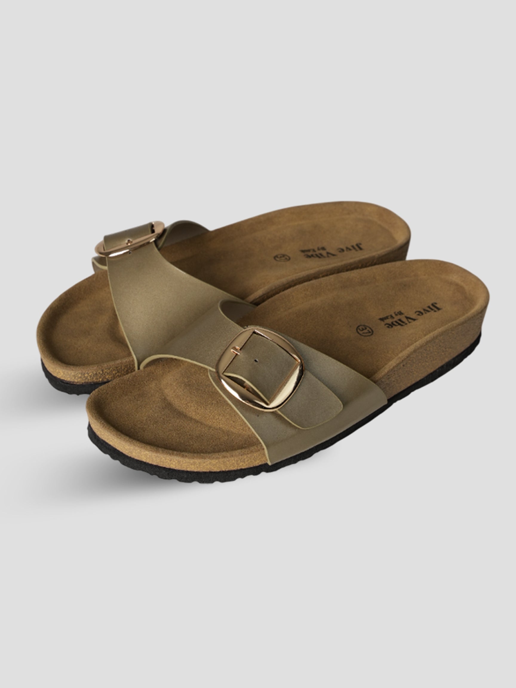 Jive Vibe By Ezok Gold Synthetic Slip On With Buckle Sandals