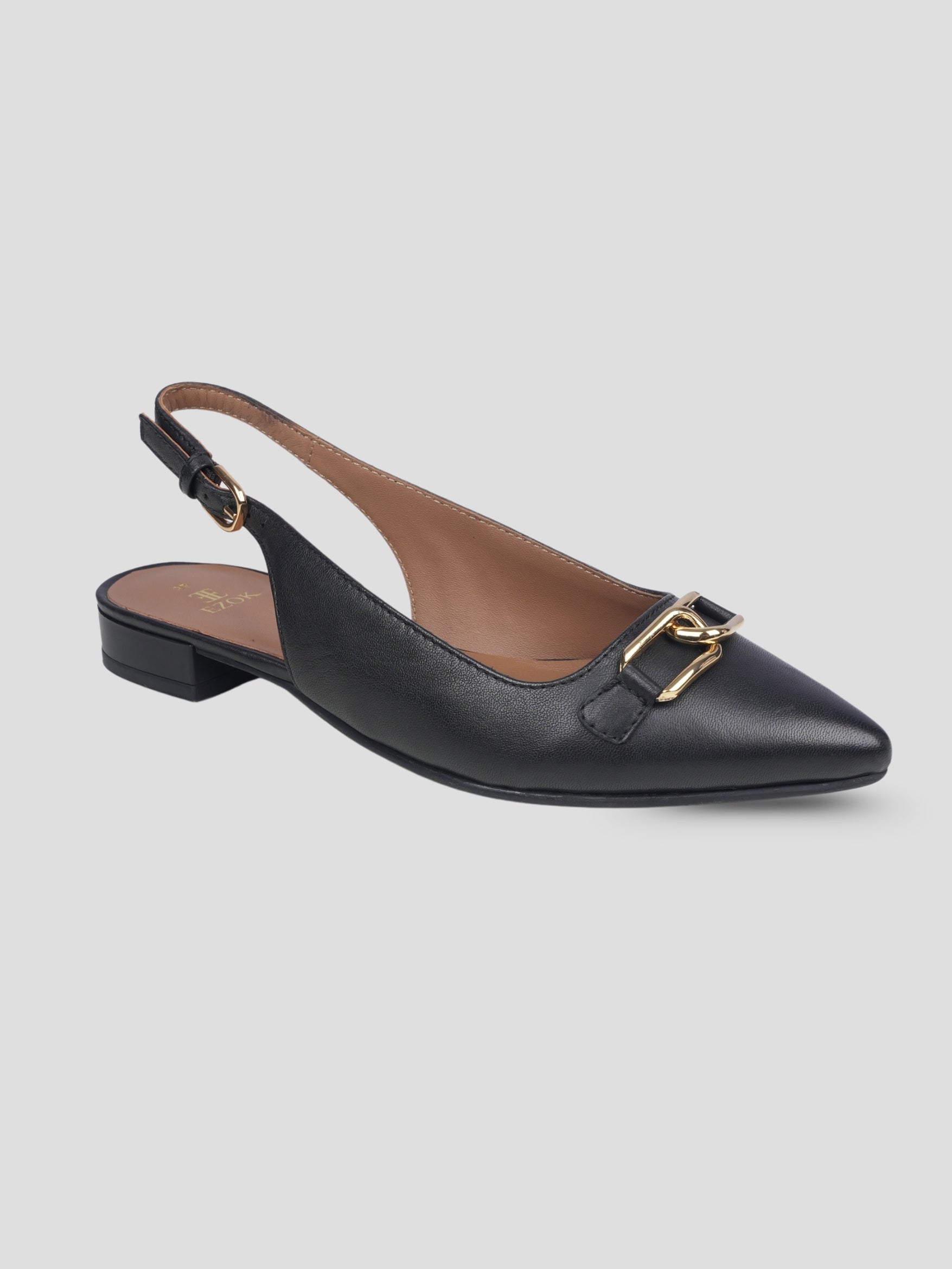 Ezok Women Black Leather Slingback Flats with Metal Embellishment