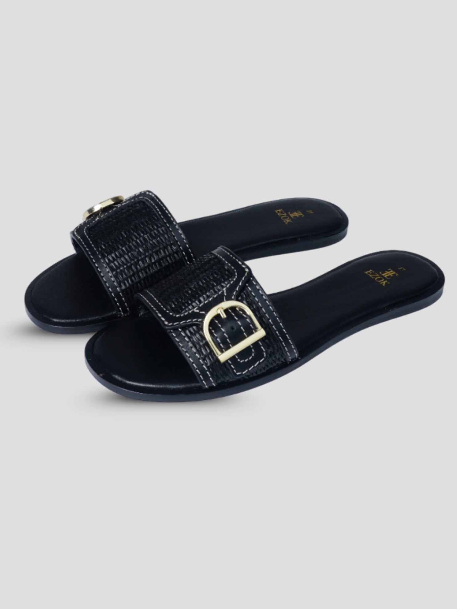 Ezok Black Leather and Raffia Slip On With Buckle Sandals